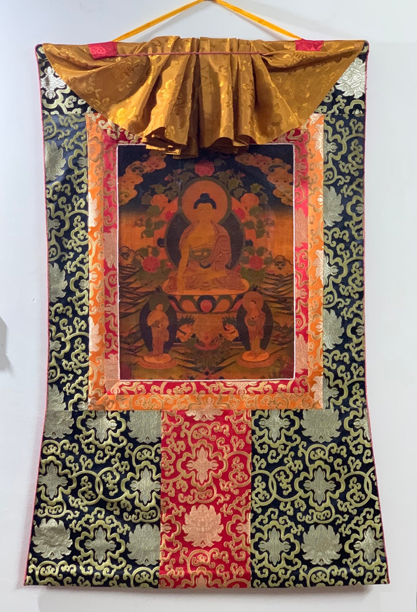 Hand-painted  Shakyamuni, Gautama Buddha, Oil Varnished, Old Thangka with, New Silk Brocade