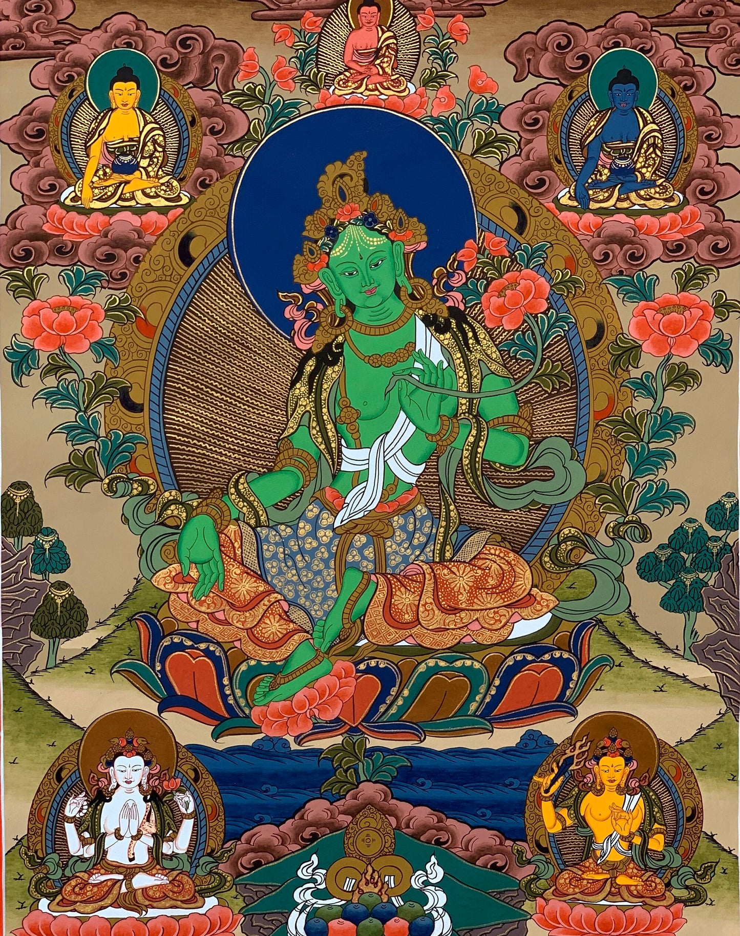 Original Hand-painted Green Tara, Goddess of Fortune, Tibetan Thangka Painting Compassion Meditation Art