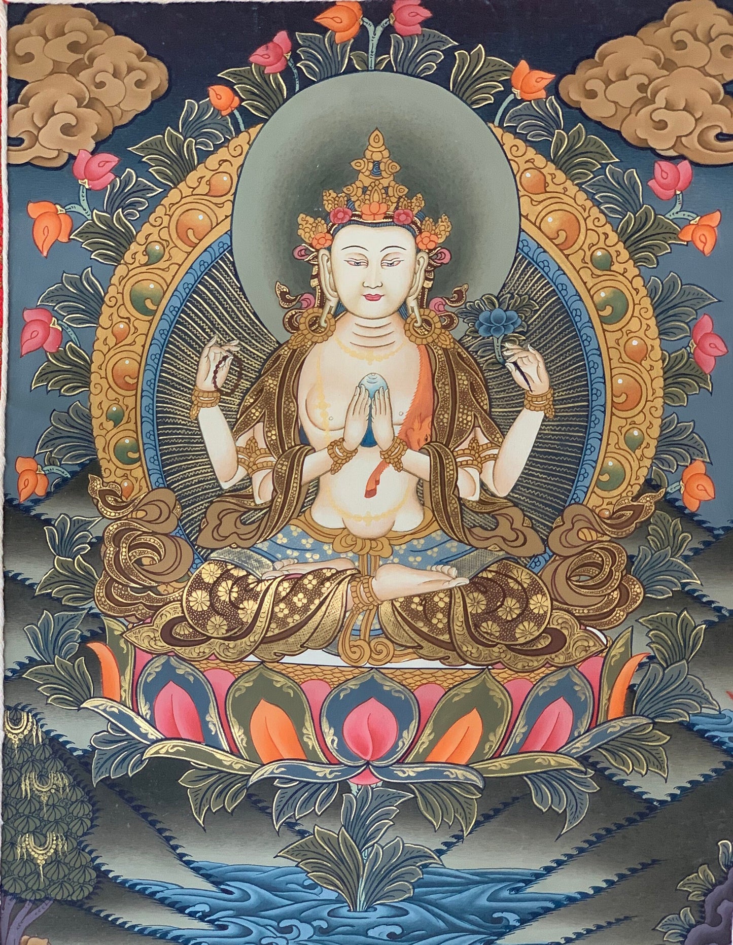 Hand-painted 4 Armed Chyangresi, Chengrezig ,Avalokitesvara Tibetan Thangka, Rare, Masterpiece, with Silk Brocade