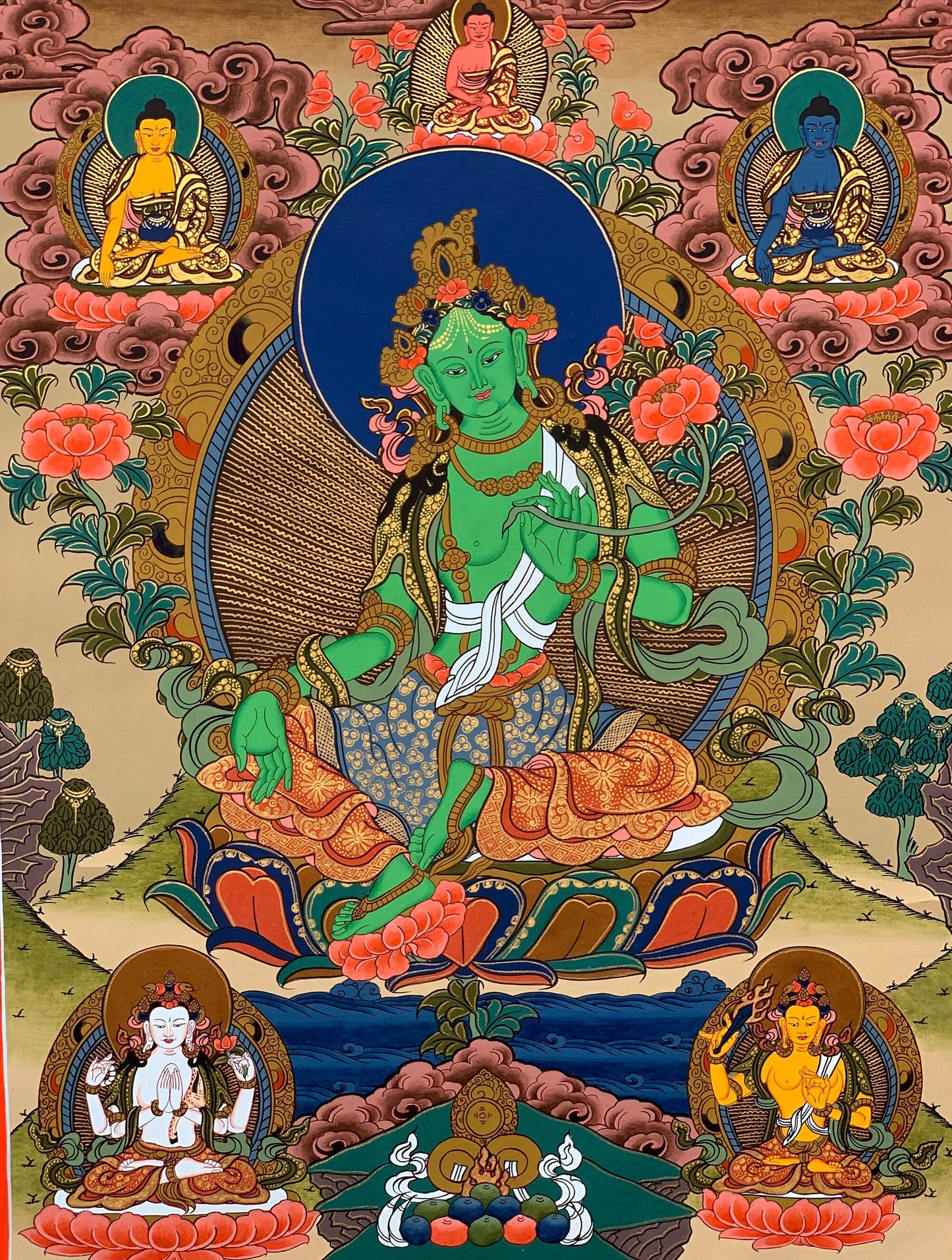 Original Hand-painted Green Tara, Goddess of Fortune, Tibetan Thangka Painting Compassion Meditation Art