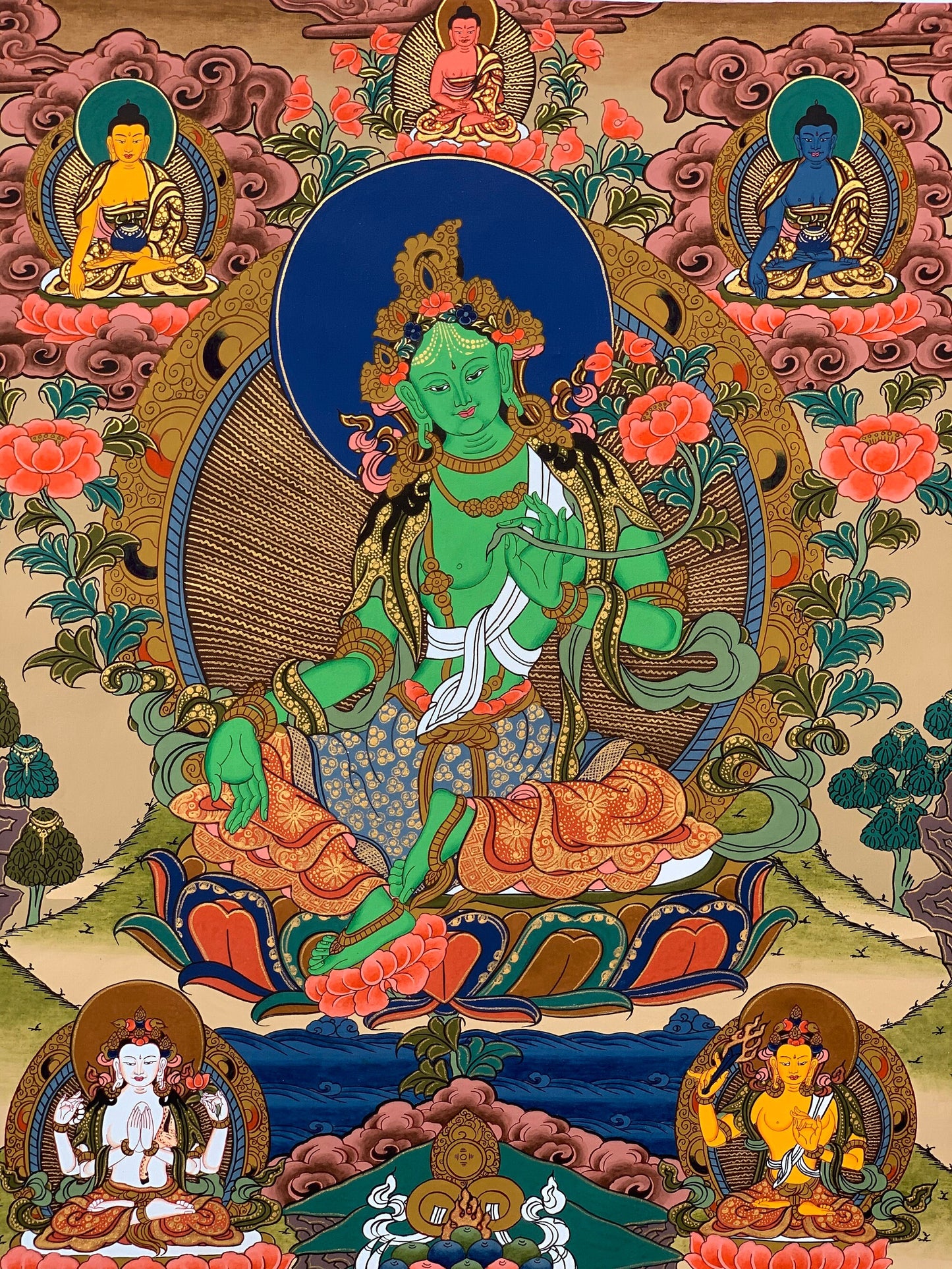 Original Hand-painted Green Tara, Goddess of Fortune, Tibetan Thangka Painting Compassion Meditation Art