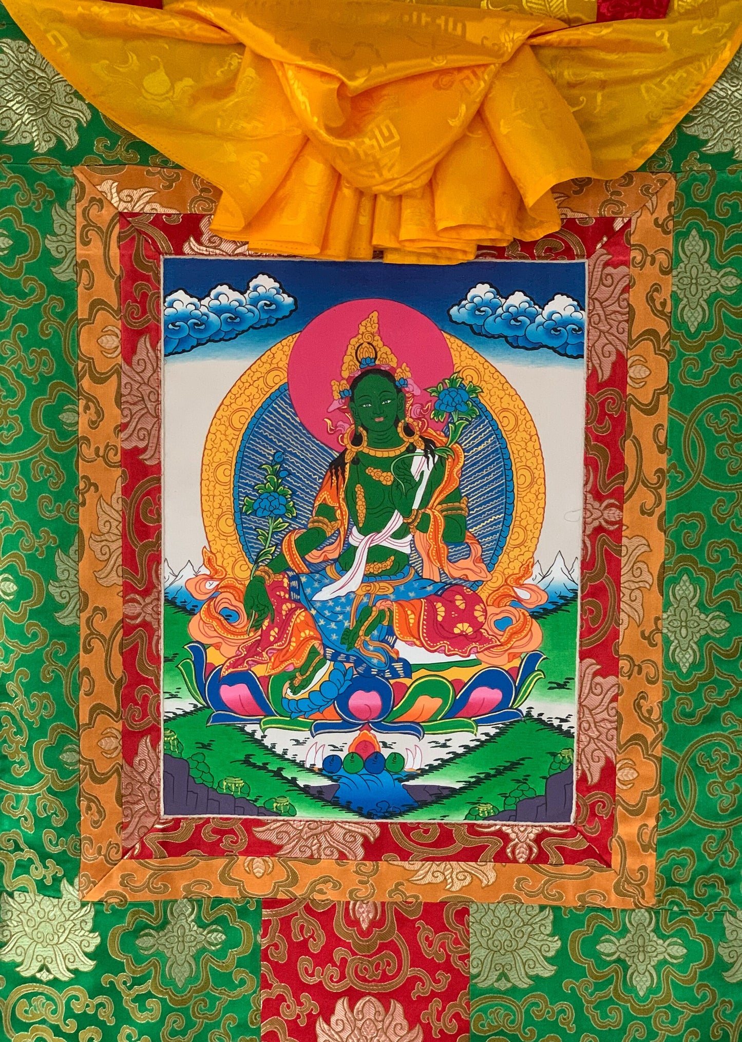 Original Hand-painted Green Tara/ Mothher Tara Tibetan Thangka Painting/Compassion Meditation Art with a Green Silk Brocade