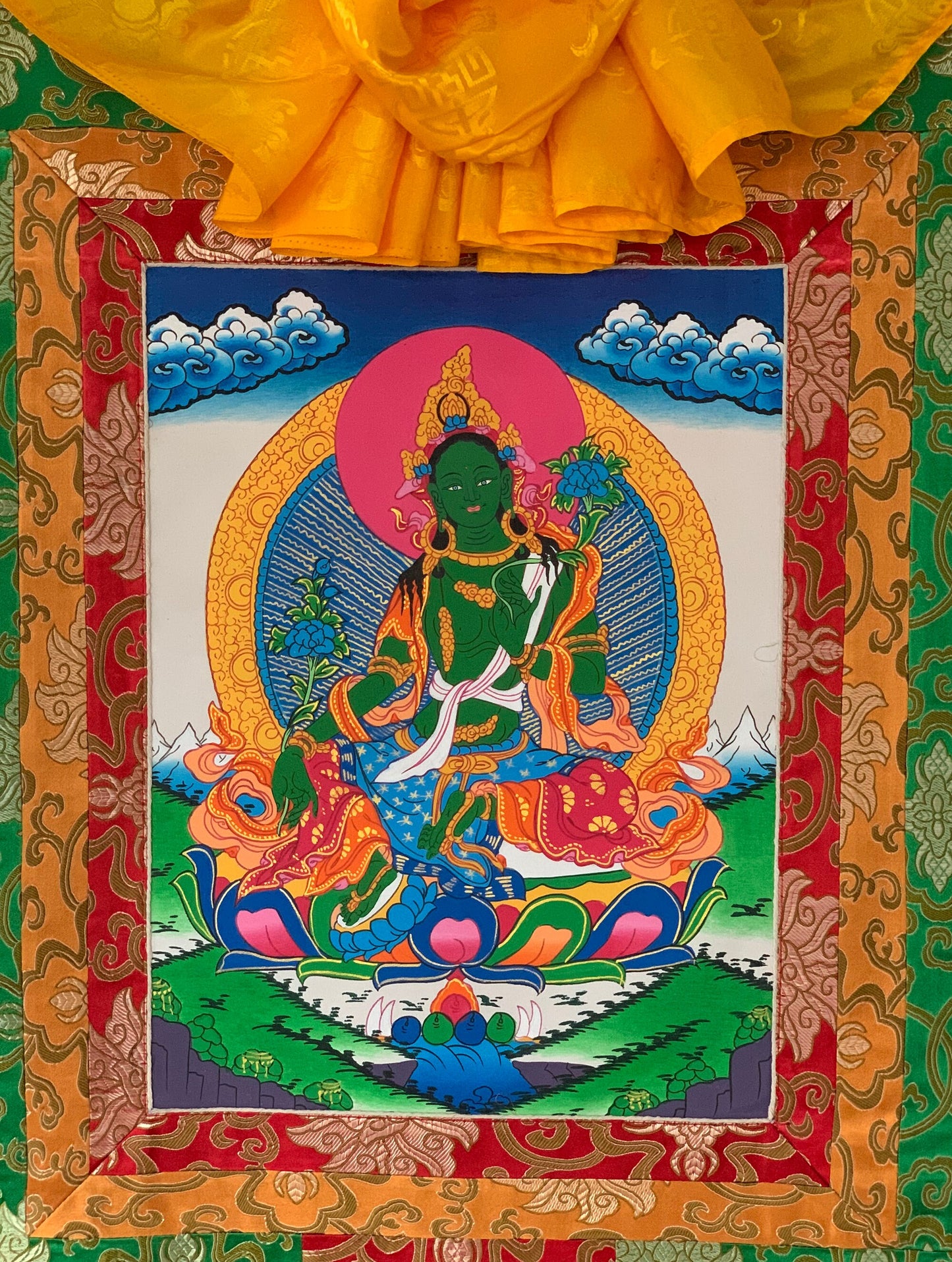 Original Hand-painted Green Tara/ Mothher Tara Tibetan Thangka Painting/Compassion Meditation Art with a Green Silk Brocade