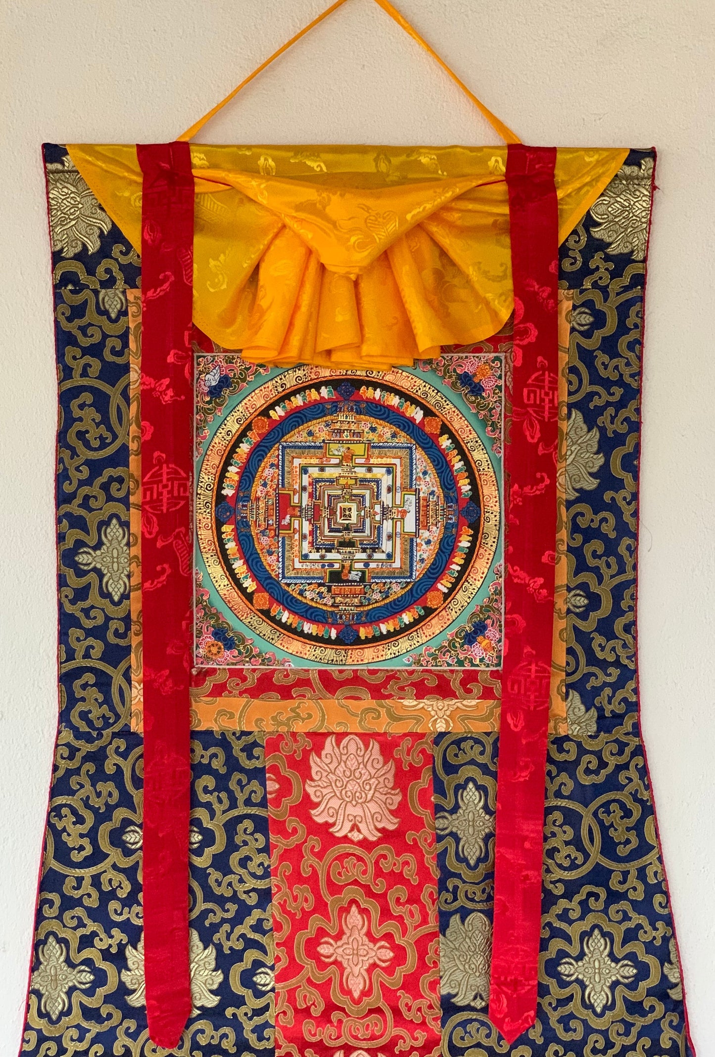 Original Hand-painted Kalachakra/Wheel of Life Mandala Tibetan Thangka Art with matching Tibetan Silk Brocade