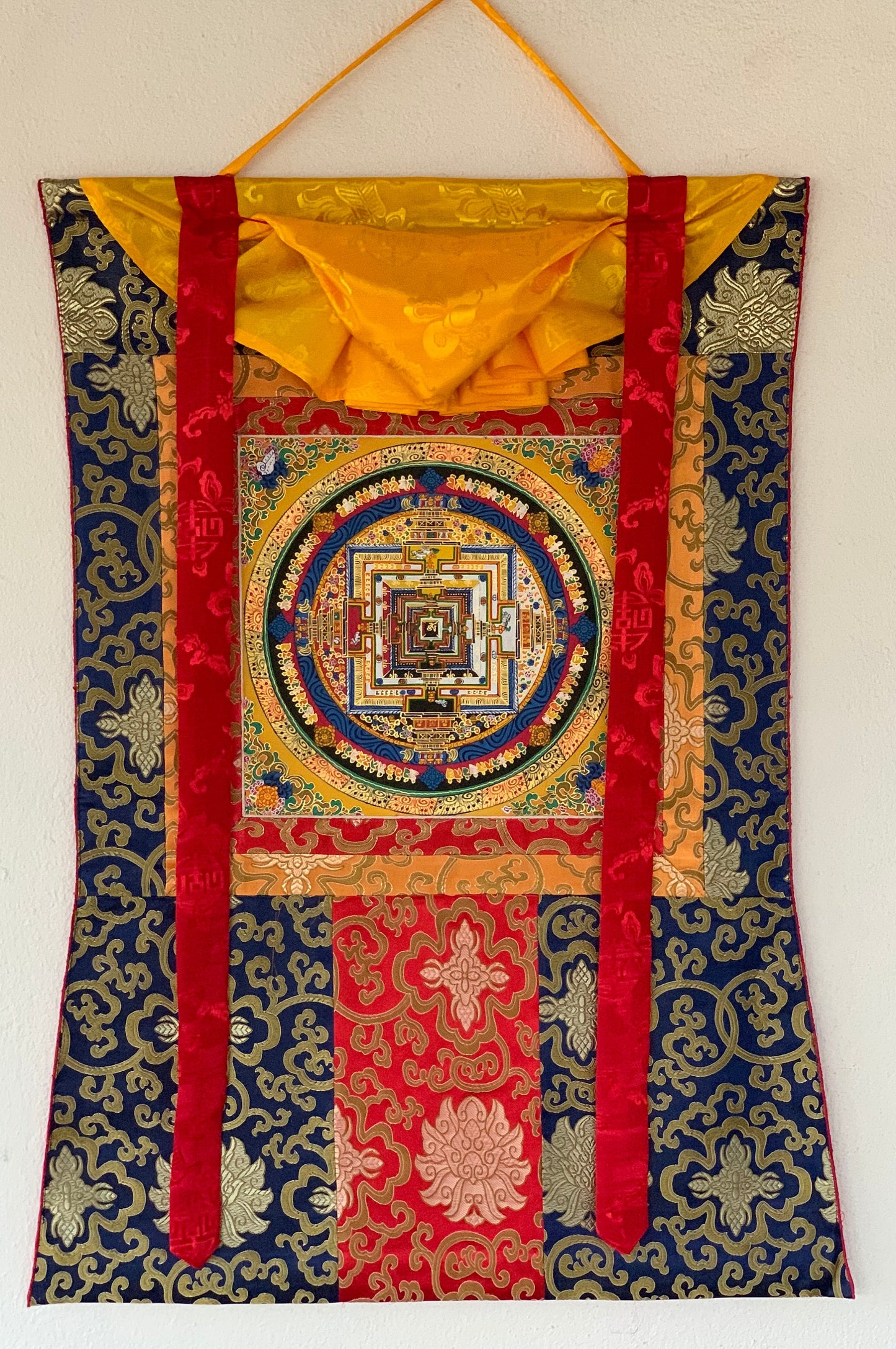 Original Hand-painted Kalachakra/Wheel of Life Mandala Tibetan Thangka Art with matching Tibetan Silk Brocade