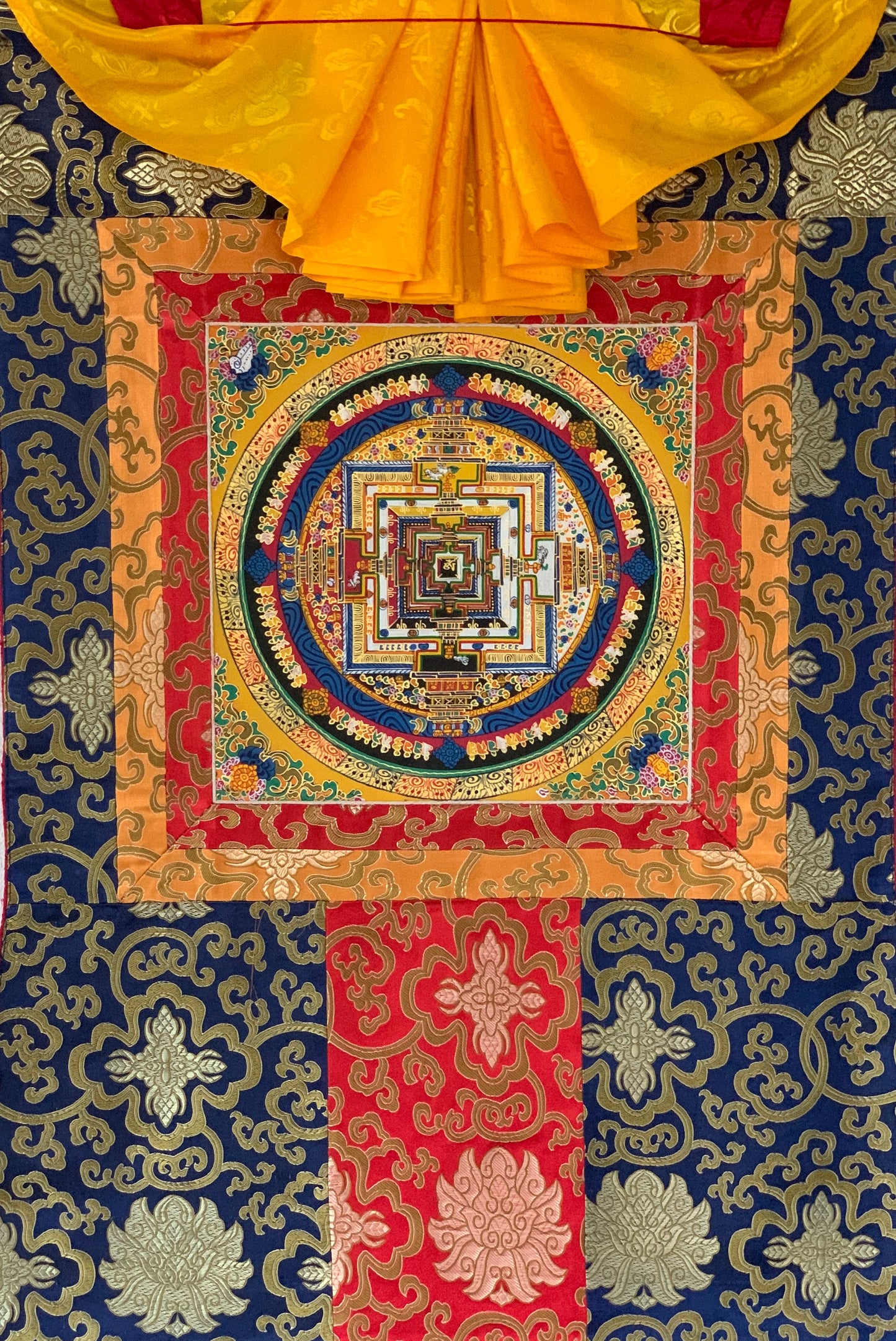 Original Hand-painted Kalachakra/Wheel of Life Mandala Tibetan Thangka Art with matching Tibetan Silk Brocade