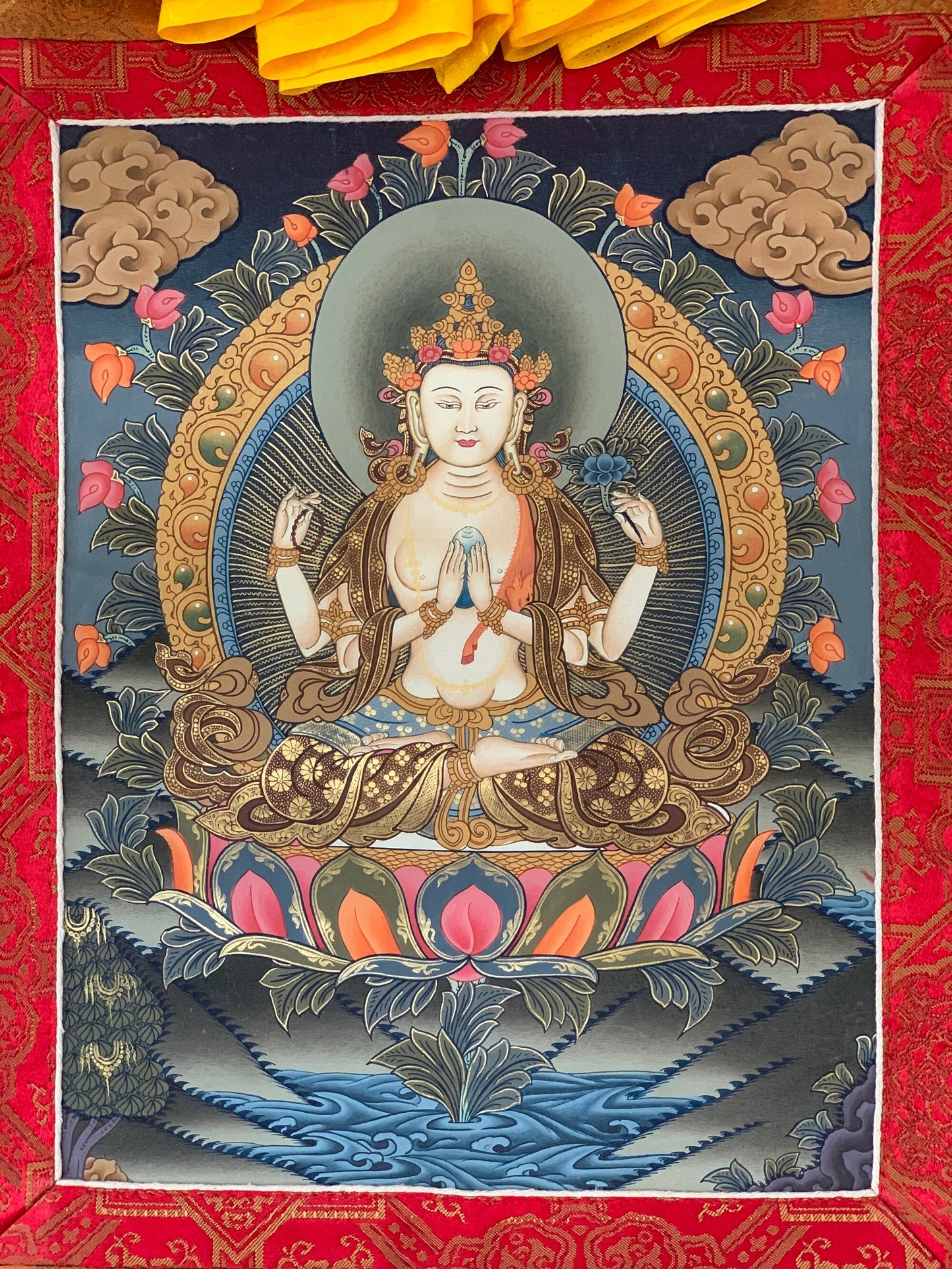 Hand-painted 4 Armed Chyangresi, Chengrezig ,Avalokitesvara Tibetan Thangka, Rare, Masterpiece, with Silk Brocade