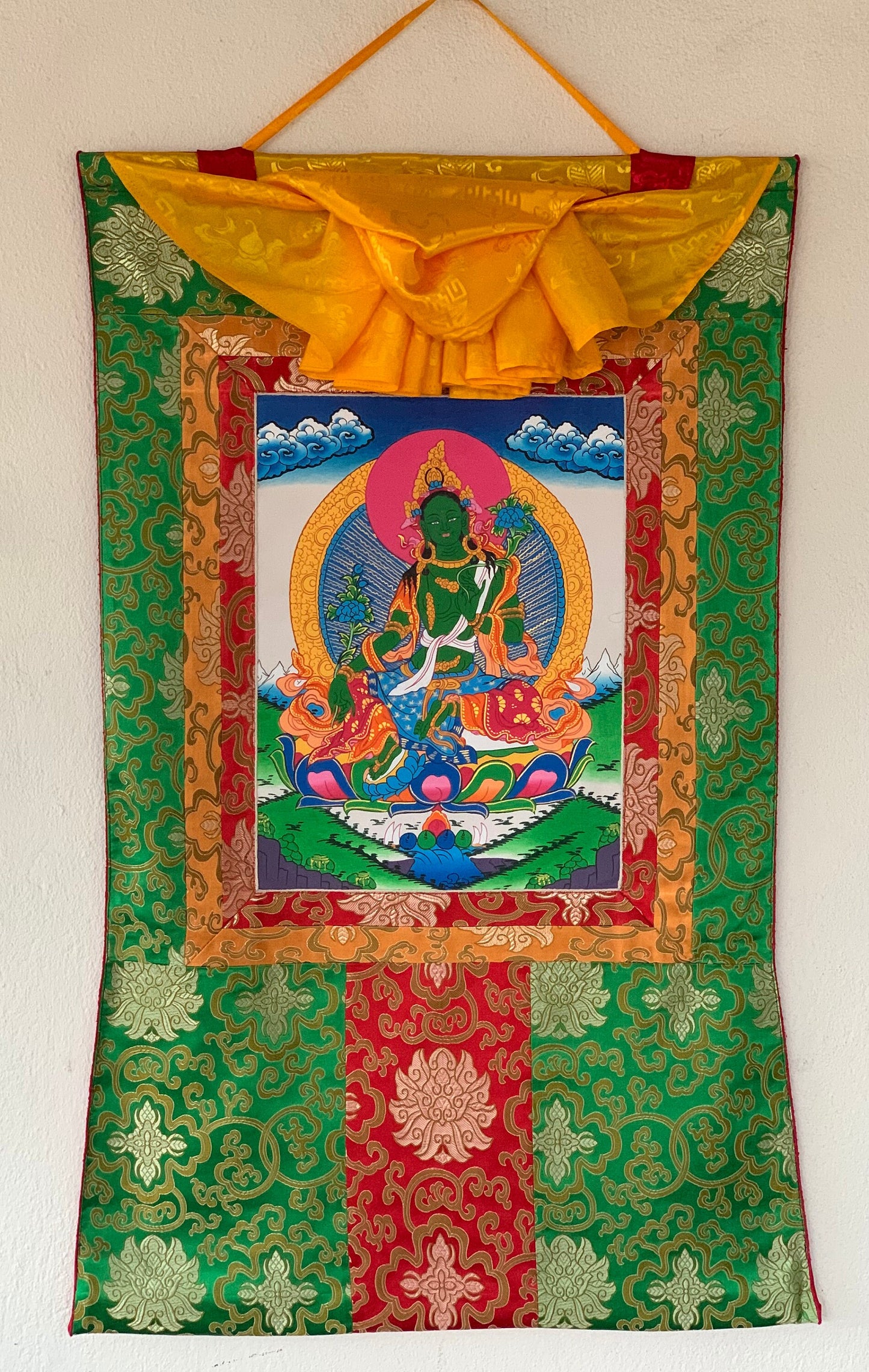 Original Hand-painted Green Tara/ Mothher Tara Tibetan Thangka Painting/Compassion Meditation Art with a Green Silk Brocade