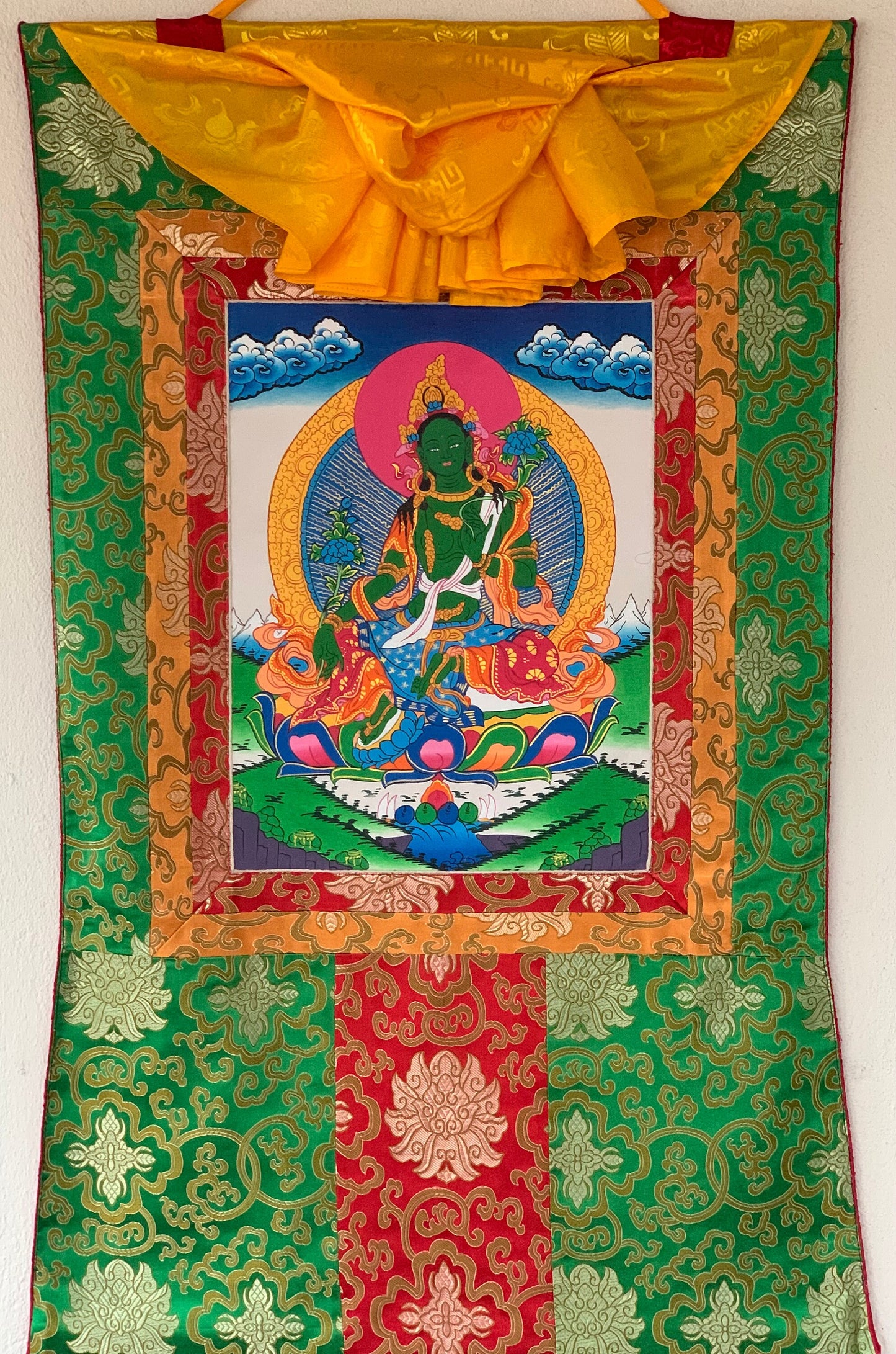 Original Hand-painted Green Tara/ Mothher Tara Tibetan Thangka Painting/Compassion Meditation Art with a Green Silk Brocade