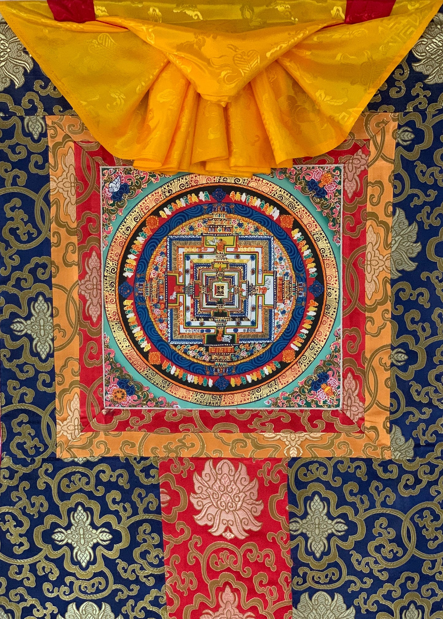 Original Hand-painted Kalachakra/Wheel of Life Mandala Tibetan Thangka Art with matching Tibetan Silk Brocade