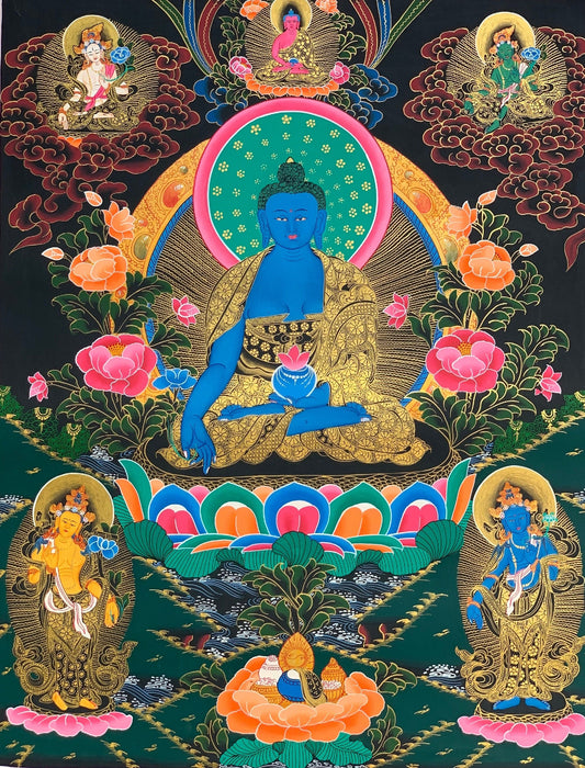 Hand-painted Medicine Buddha, Medicine Guru, Original Thangka, Thanka,  Painting, Tibetan Wall Hanging, Meditation Art, 22 x 30-Inch