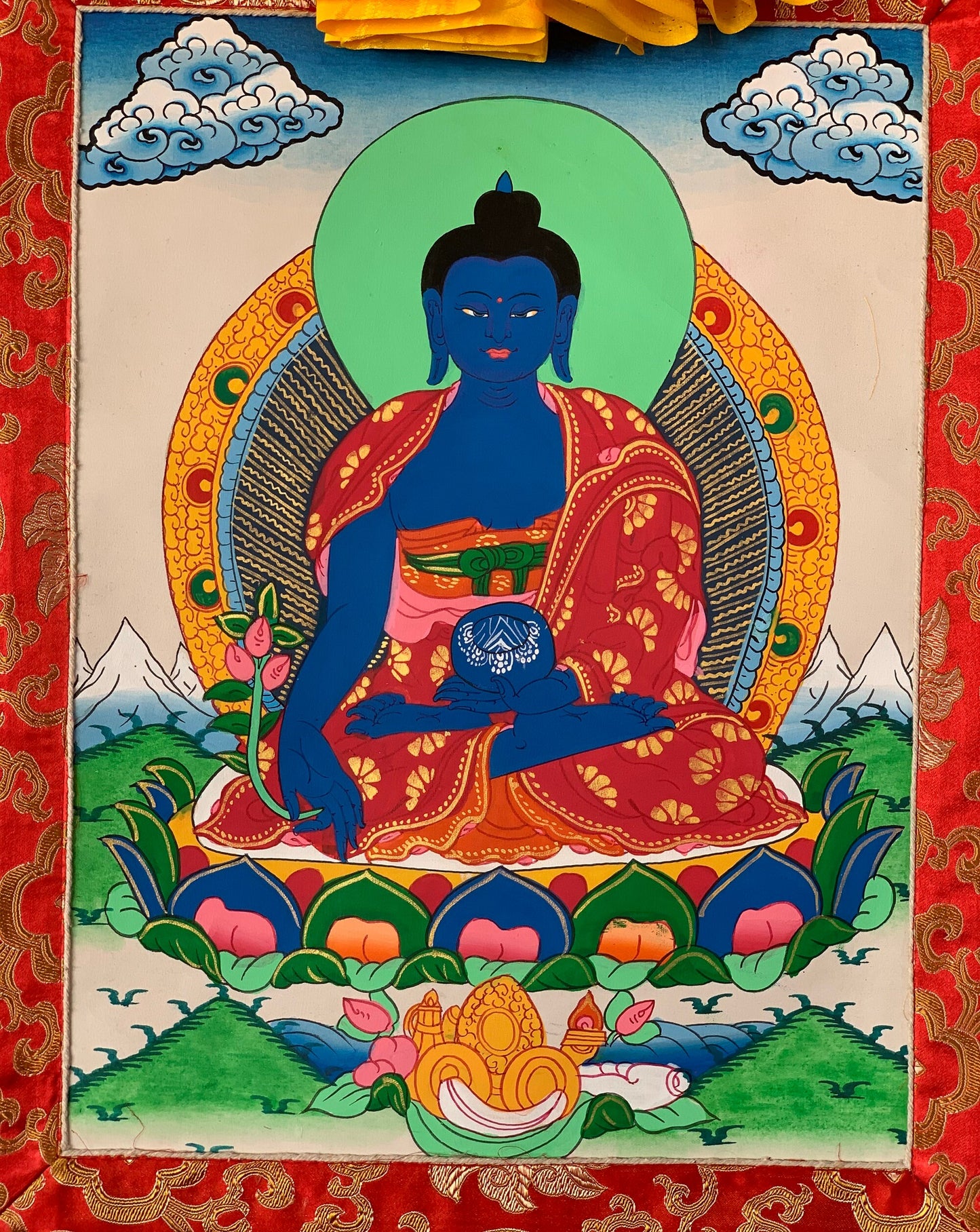 Hand-painted Medicine Buddha, Healing Buddha, Thangka Painting, with Silk Brocade