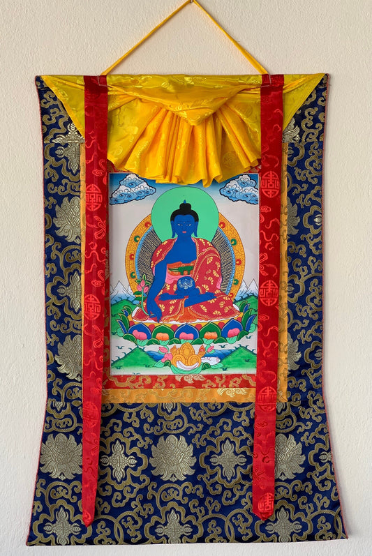 Hand-painted Medicine Buddha, Healing Buddha, Thangka Painting, with Silk Brocade