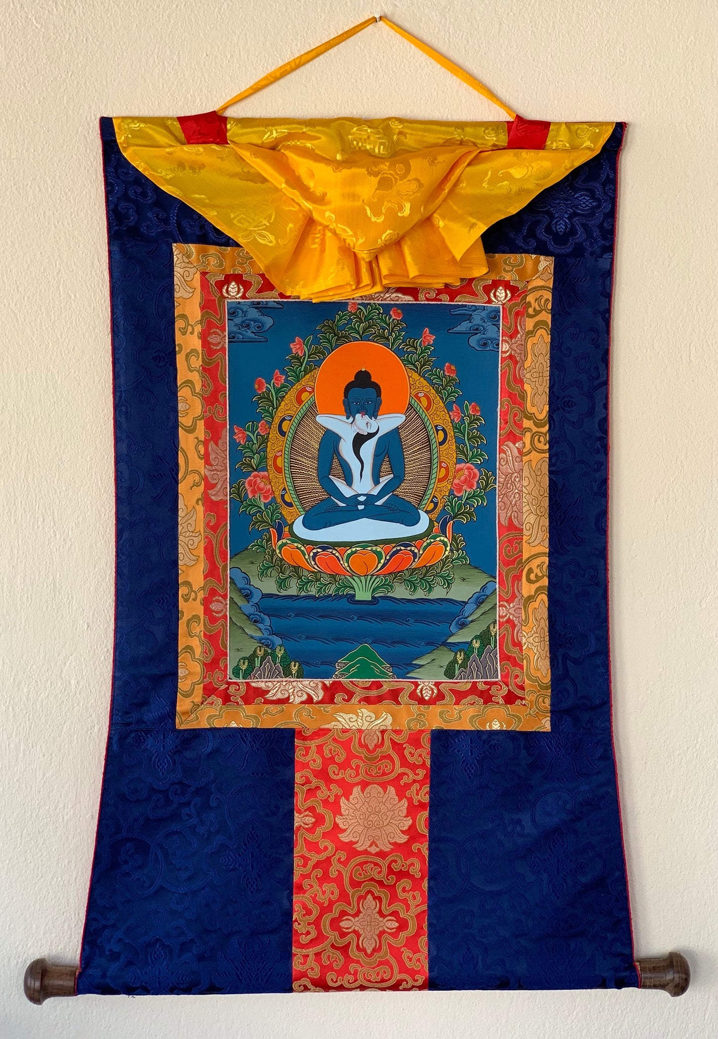 Original Hand-painted Buddha Shakti/ Samantabhadra Tibetan Thangka Painting with Silk Brocade