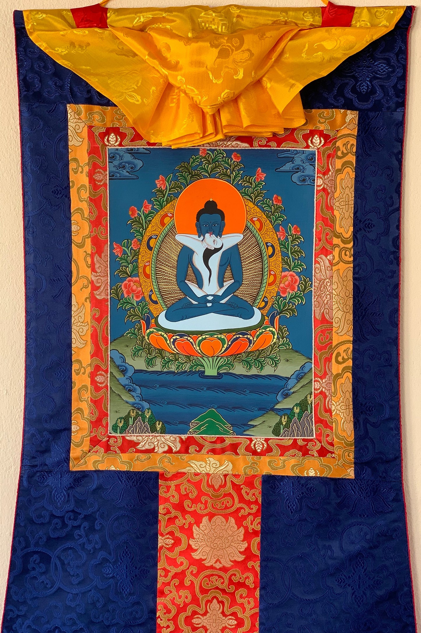 Original Hand-painted Buddha Shakti/ Samantabhadra Tibetan Thangka Painting with Silk Brocade