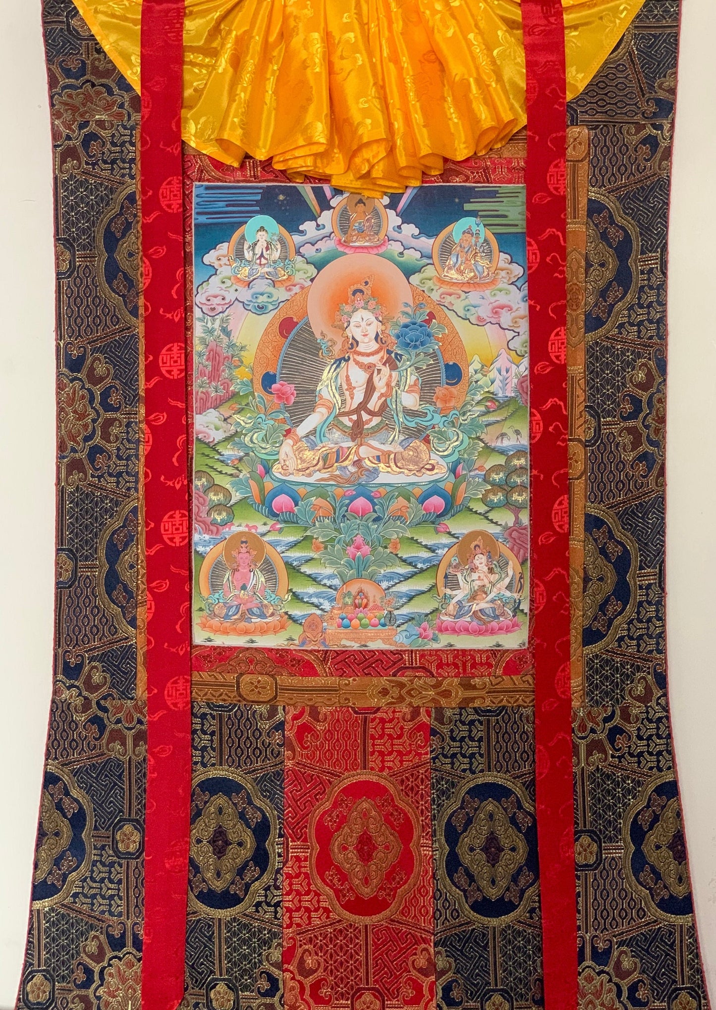 Hand-Painted , White Tara, Mother Goddesses, Rare, Masterpiece, Gold Thangka Painting with premium Silk Brocade