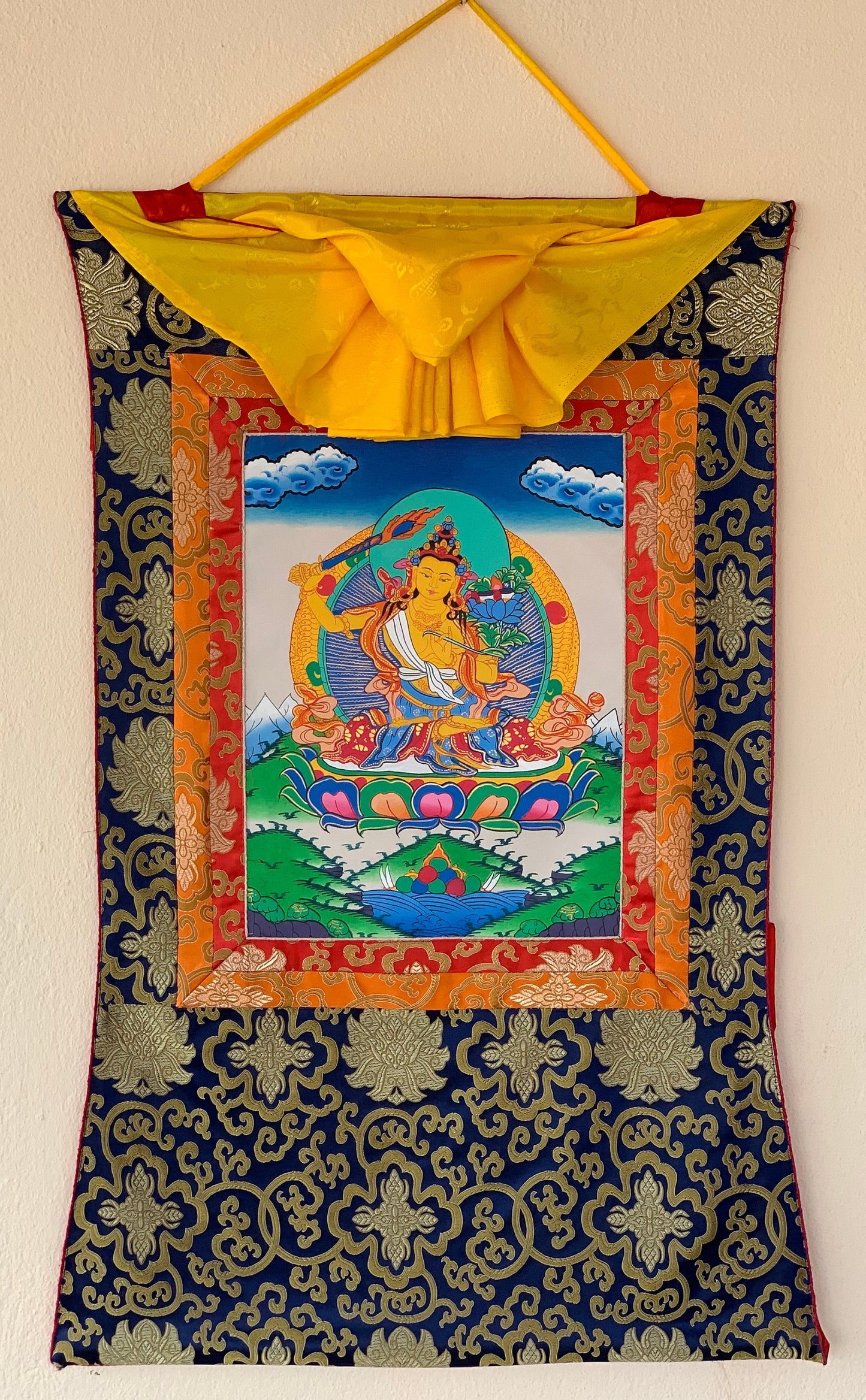 Gurkha Nepal Hand-painted Manjushri, Manjushree, Thangka Art, Painting with Silk Brocade