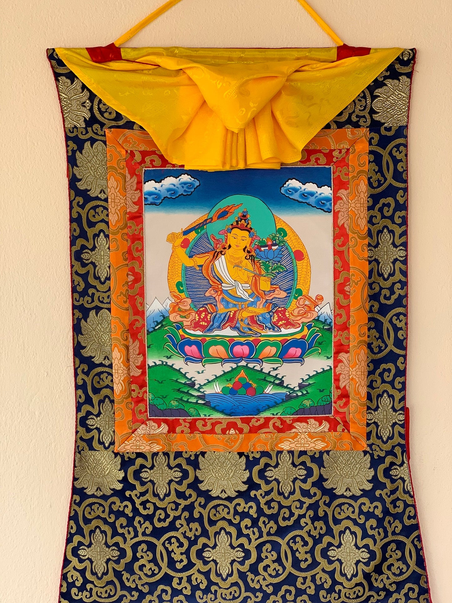 Gurkha Nepal Hand-painted Manjushri, Manjushree, Thangka Art, Painting with Silk Brocade