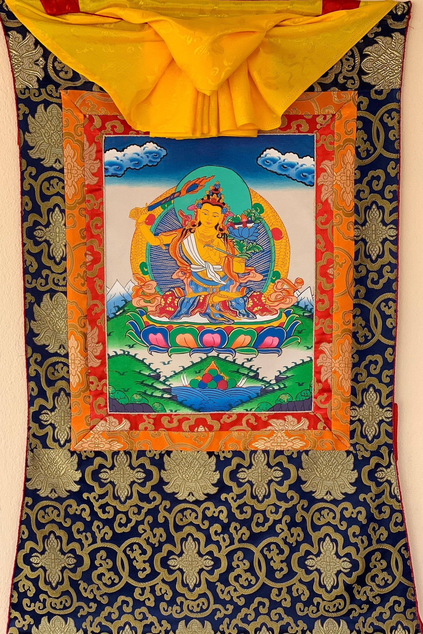 Gurkha Nepal Hand-painted Manjushri, Manjushree, Thangka Art, Painting with Silk Brocade