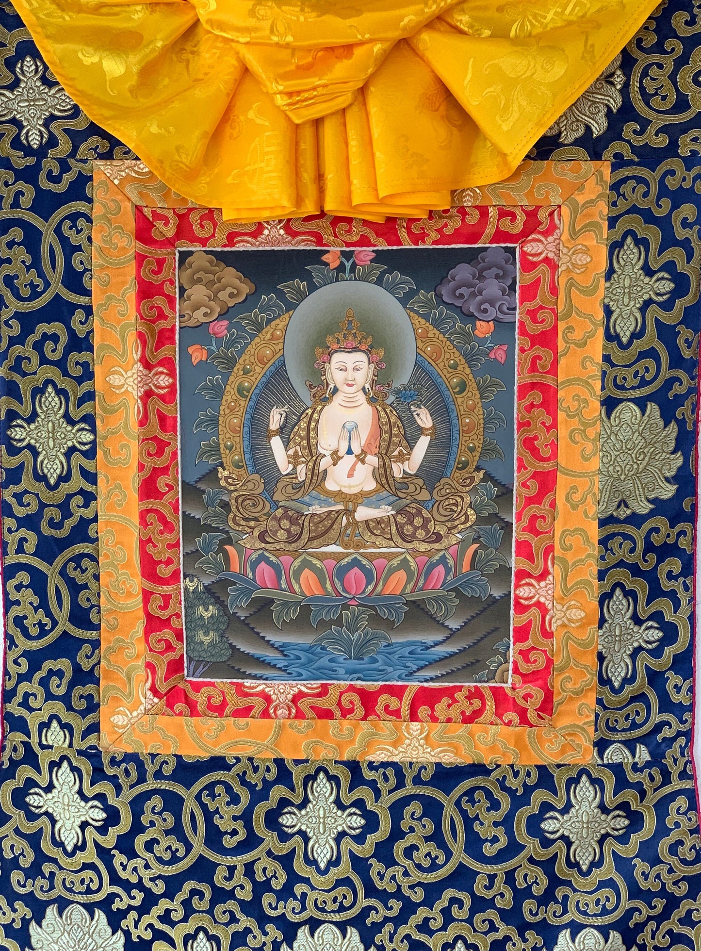 Hand-painted 4 Armed Chyangresi, Chengrezig ,Avalokitesvara Tibetan Thangka, Rare, Masterpiece, with Silk Brocade