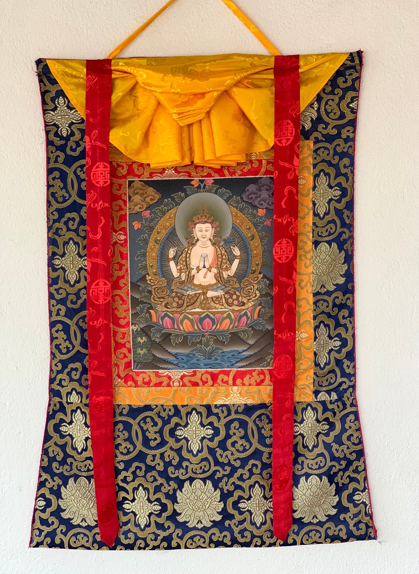 Hand-painted 4 Armed Chyangresi, Chengrezig ,Avalokitesvara Tibetan Thangka, Rare, Masterpiece, with Silk Brocade