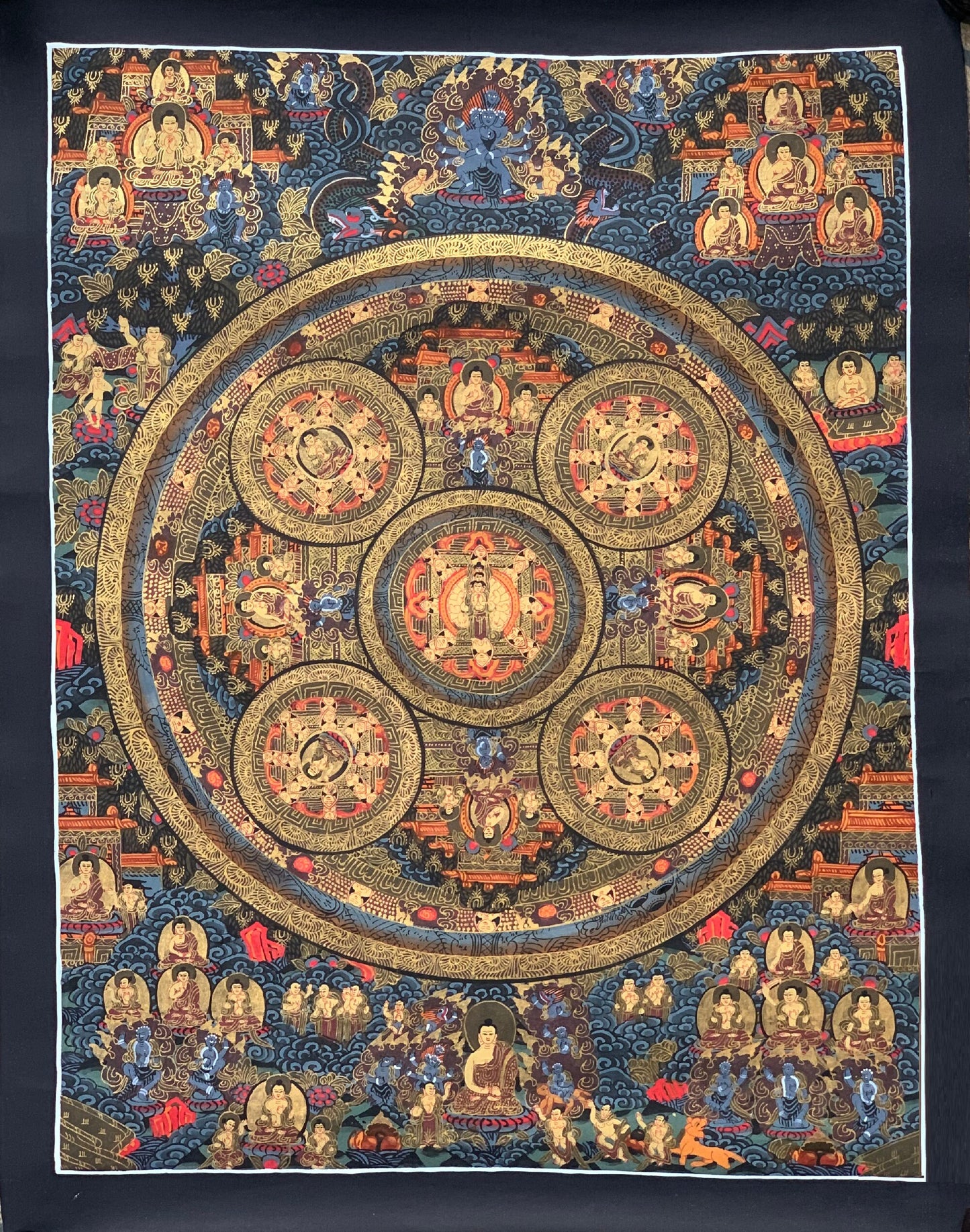 Hand-painted 5 Buddha Pancha Buddha Mandala, AVALOKITESHVARA in Cennter, Thangka Painting, Home Décor  16 x 21-Inch