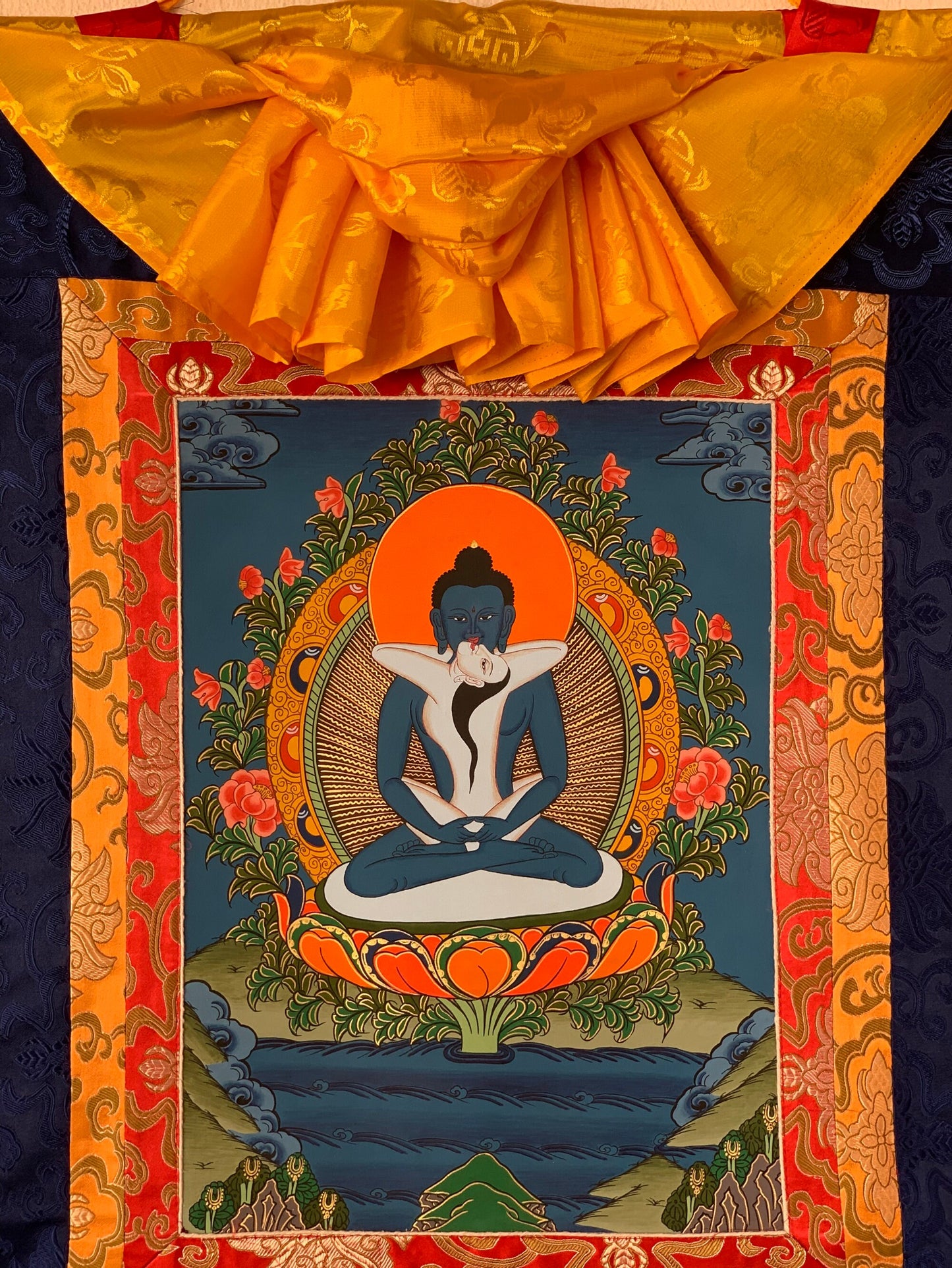 Original Hand-painted Buddha Shakti/ Samantabhadra Tibetan Thangka Painting with Silk Brocade