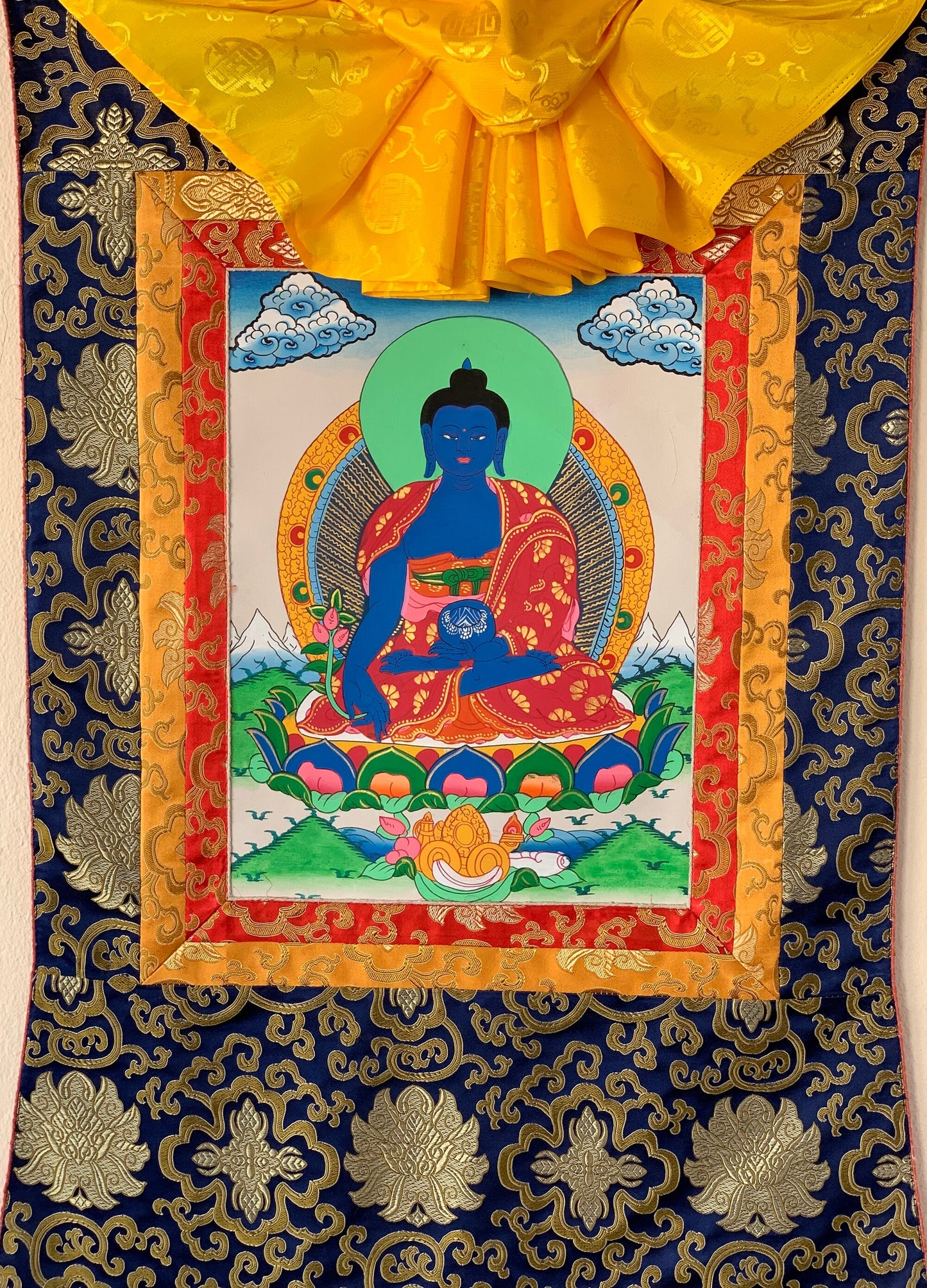 Hand-painted Medicine Buddha, Healing Buddha, Thangka Painting, with Silk Brocade