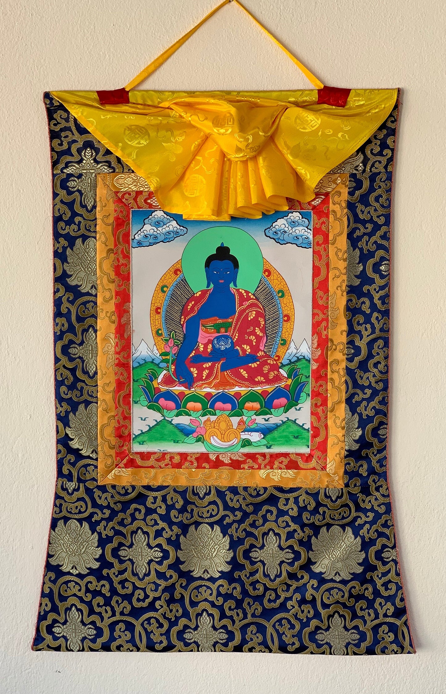 Hand-painted Medicine Buddha, Healing Buddha, Thangka Painting, with Silk Brocade