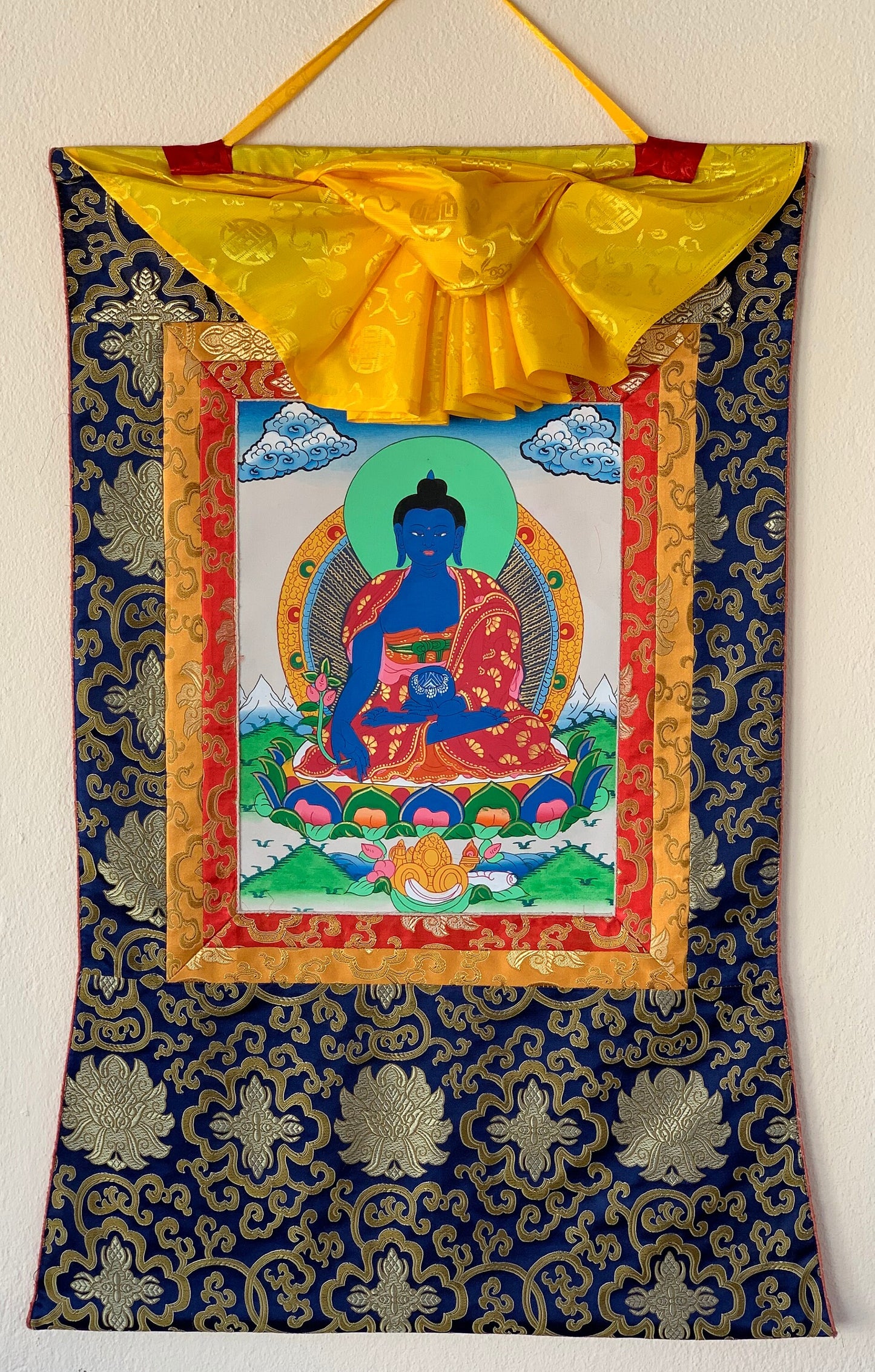 Hand-painted Medicine Buddha, Healing Buddha, Thangka Painting, with Silk Brocade