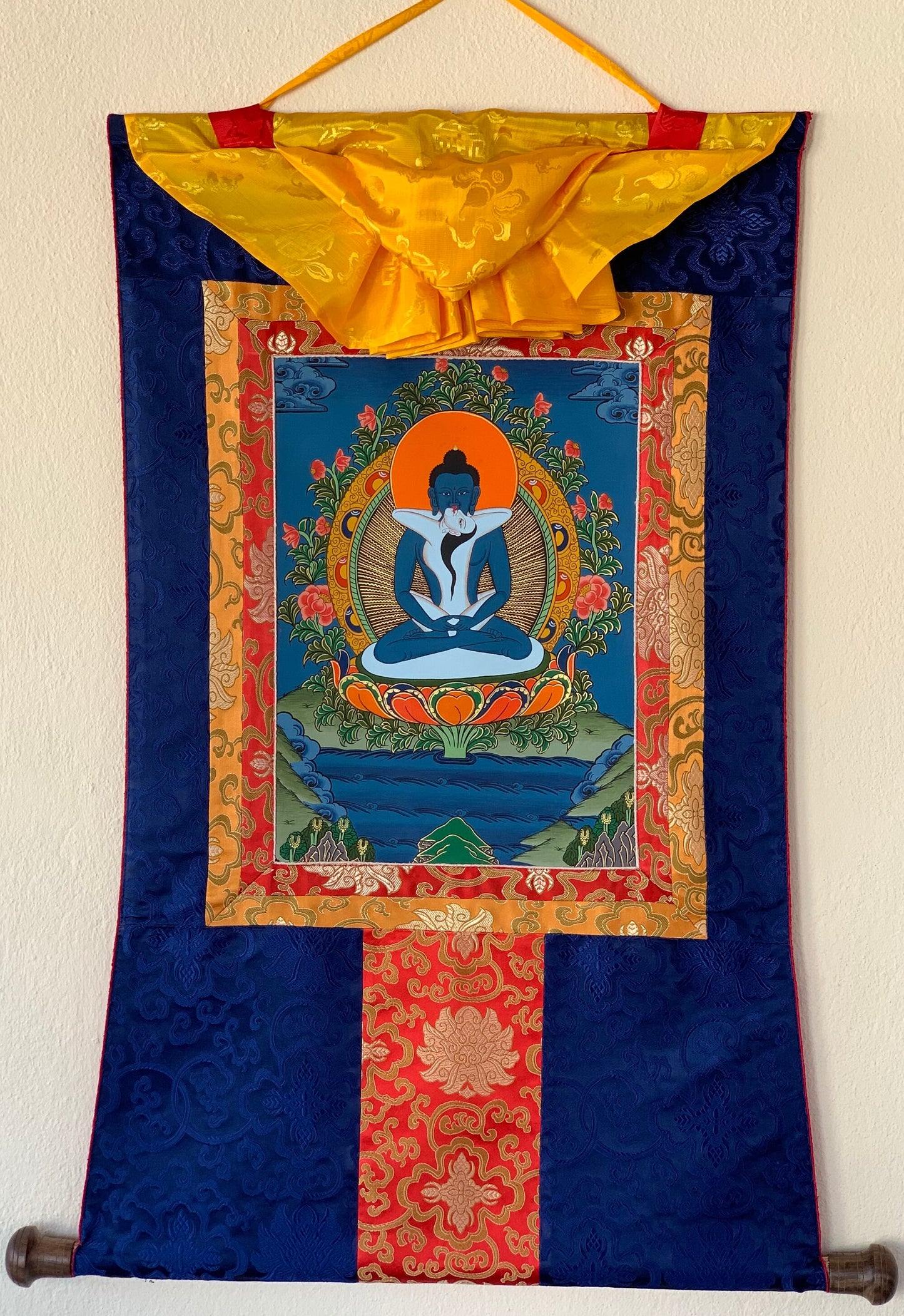 Original Hand-painted Buddha Shakti/ Samantabhadra Tibetan Thangka Painting with Silk Brocade