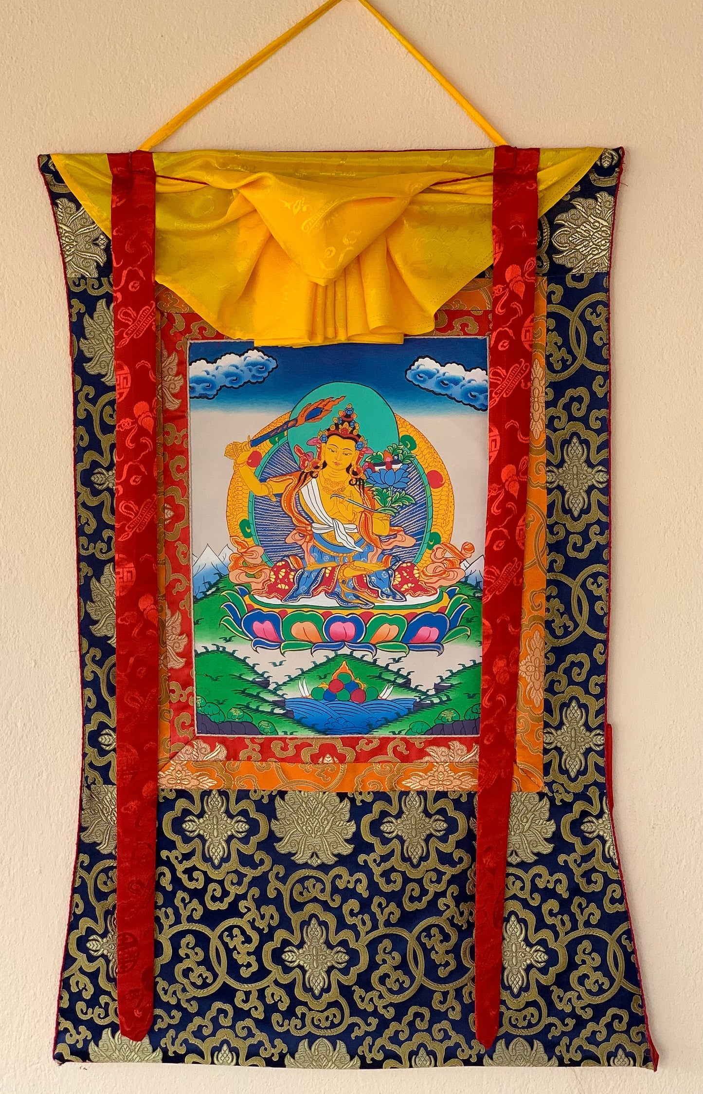 Gurkha Nepal Hand-painted Manjushri, Manjushree, Thangka Art, Painting with Silk Brocade