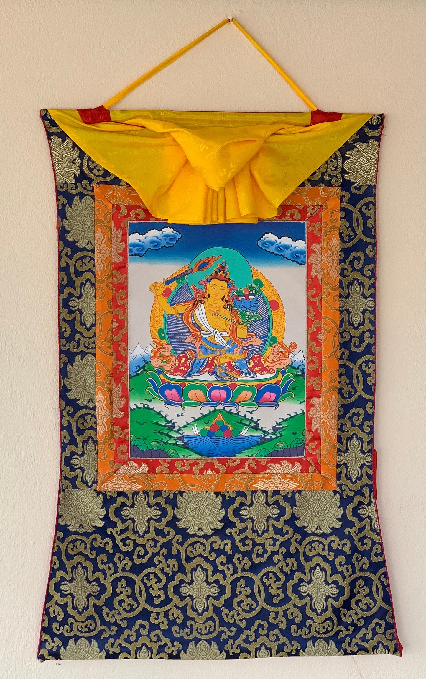 Gurkha Nepal Hand-painted Manjushri, Manjushree, Thangka Art, Painting with Silk Brocade