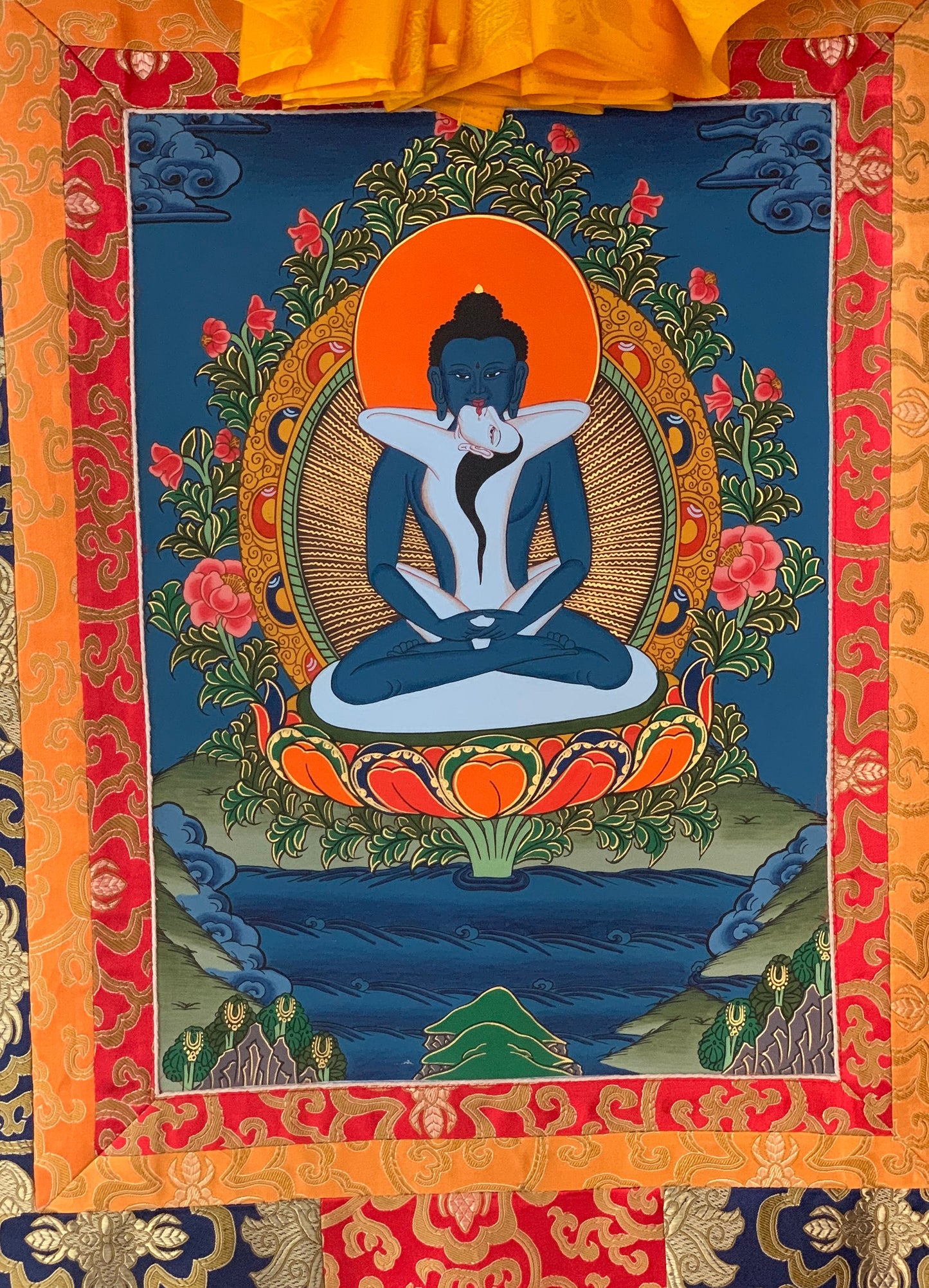 Original Hand-painted Samantabhadra/ Buddha Shakti/ Tantric Buddha Thangka Painting With Silk Brocade