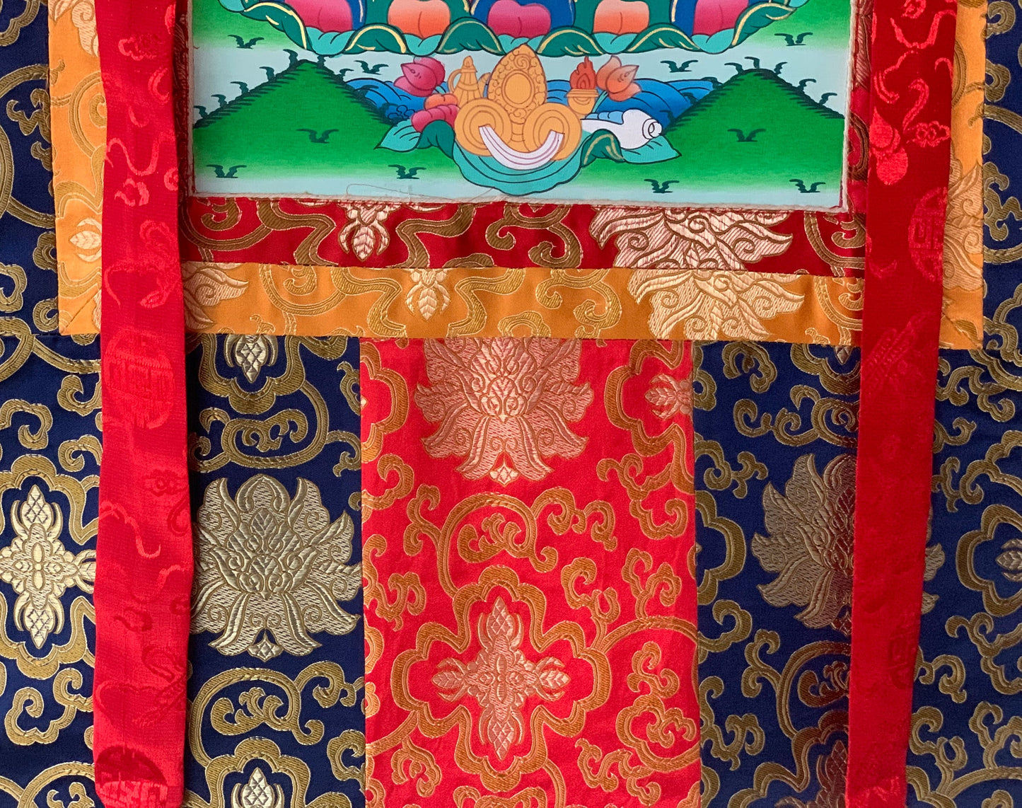 Hand-painted Medicine Buddha, God of Compassion,  Healing Guru, Thangka Painting, with Silk Brocade