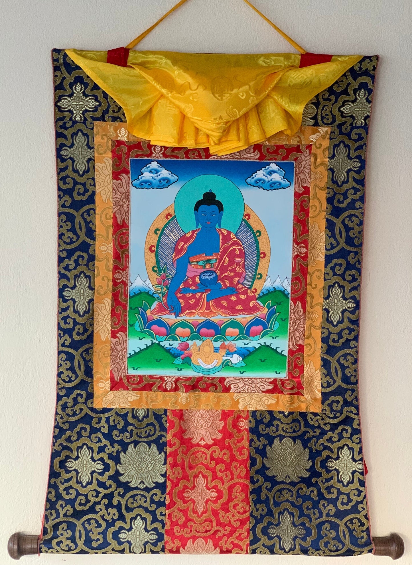 Hand-painted Medicine Buddha, God of Compassion,  Healing Guru, Thangka Painting, with Silk Brocade