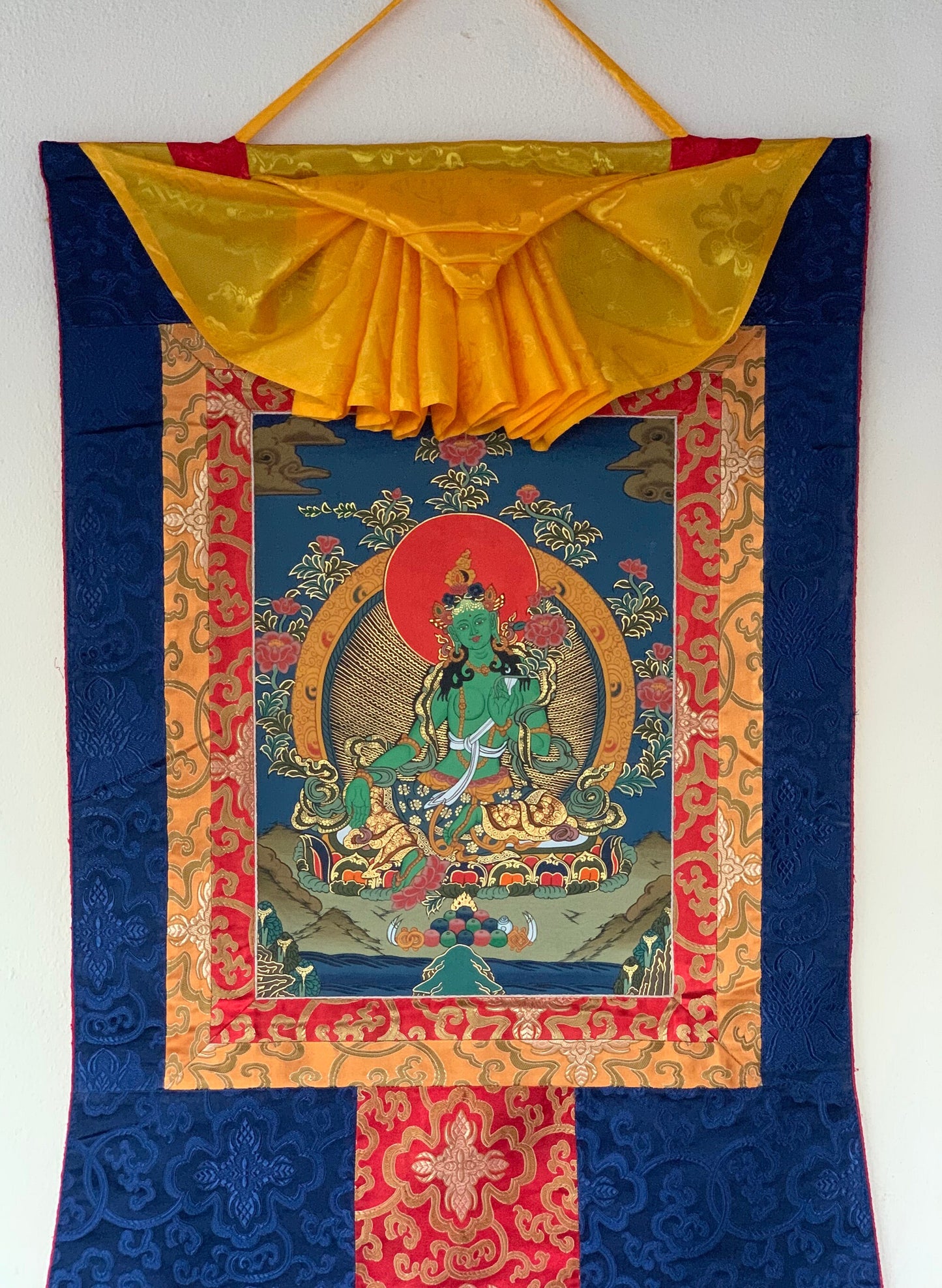 Hand-painted Green Tara, female Buddha, Wisdom, Thangka Painting, Bordered with Silk