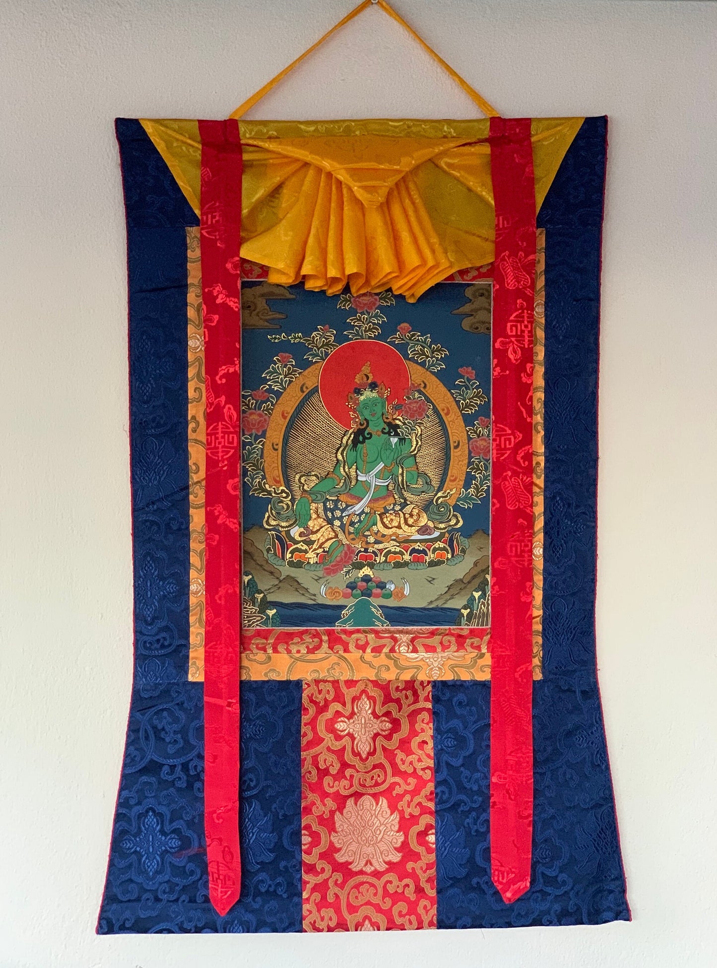 Hand-painted Green Tara, female Buddha, Wisdom, Thangka Painting, Bordered with Silk