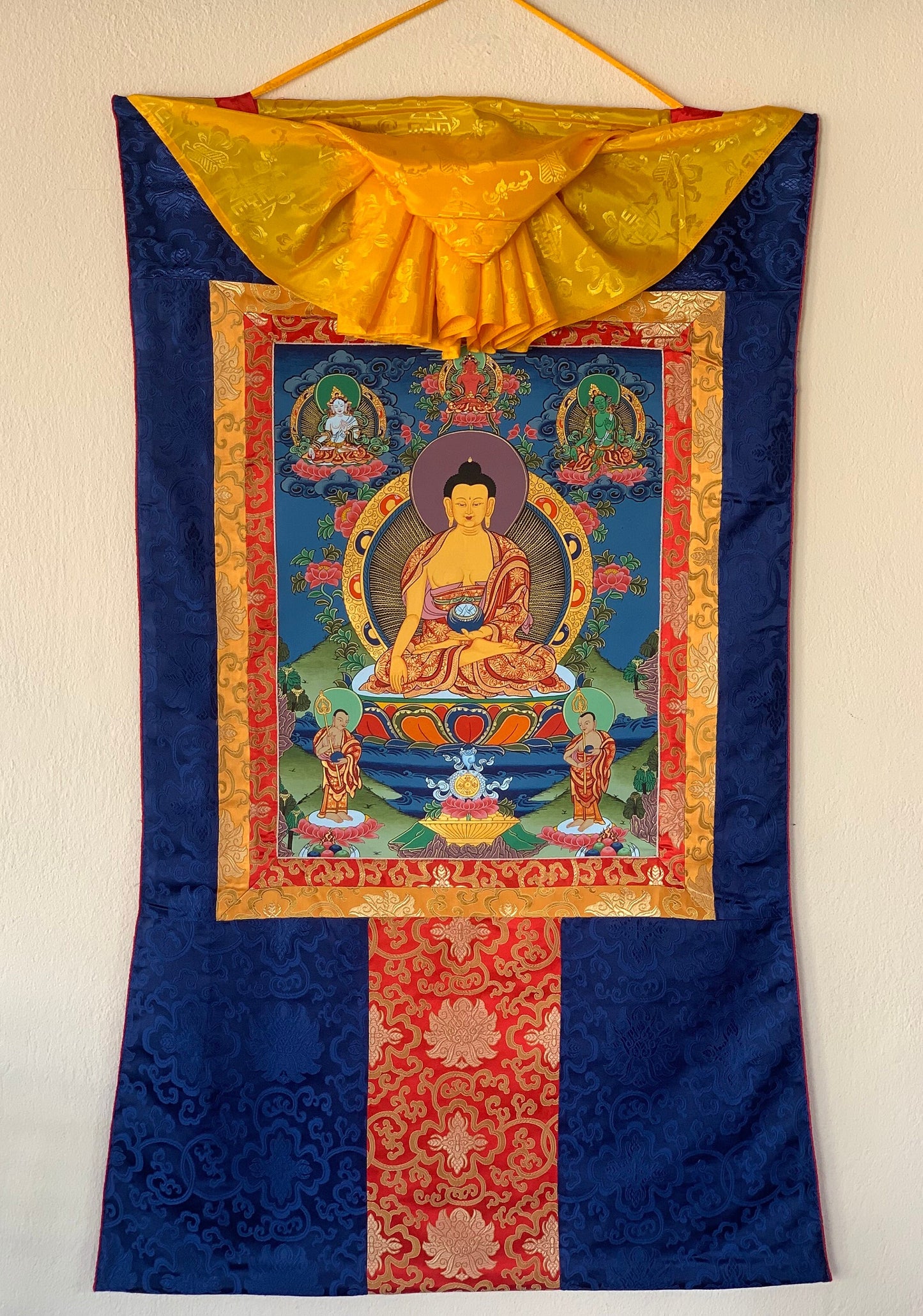 Hand-painted  Shakyamuni, Gautama Buddha, Thangka Painting, Bordered with traditional Silk