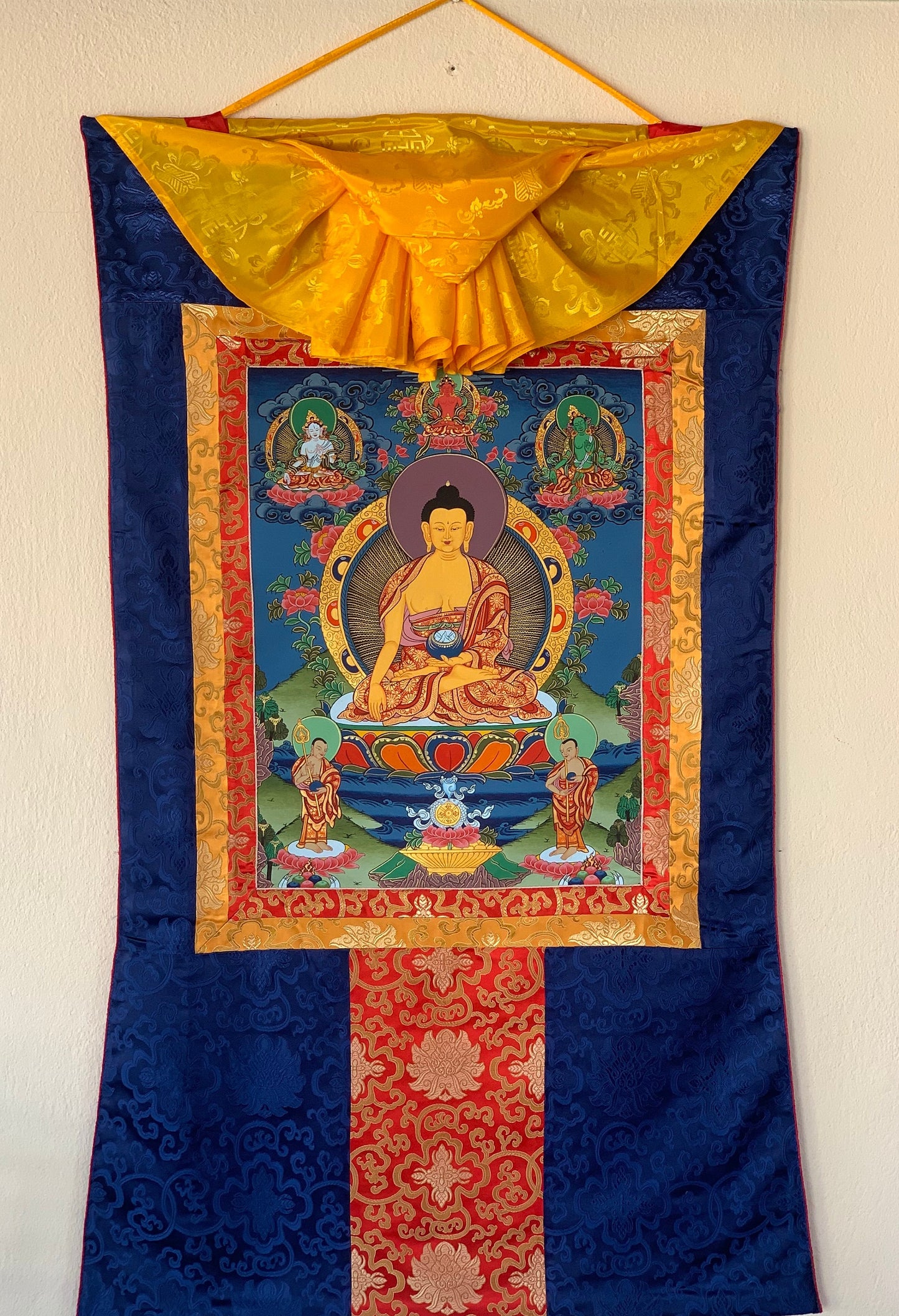 Hand-painted  Shakyamuni, Gautama Buddha, Thangka Painting, Bordered with traditional Silk