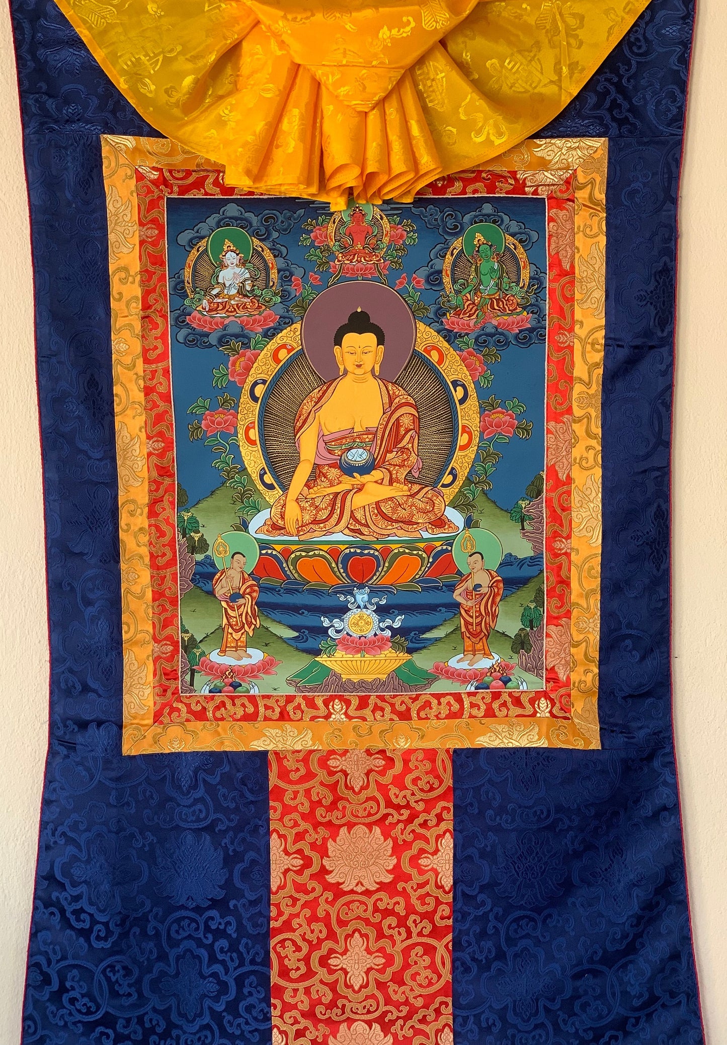 Hand-painted  Shakyamuni, Gautama Buddha, Thangka Painting, Bordered with traditional Silk