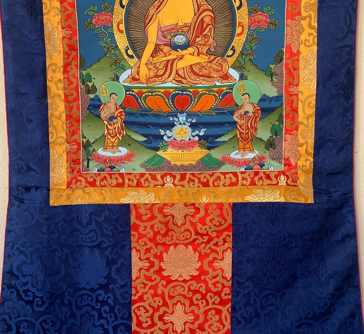 Hand-painted  Shakyamuni, Gautama Buddha, Thangka Painting, Bordered with traditional Silk