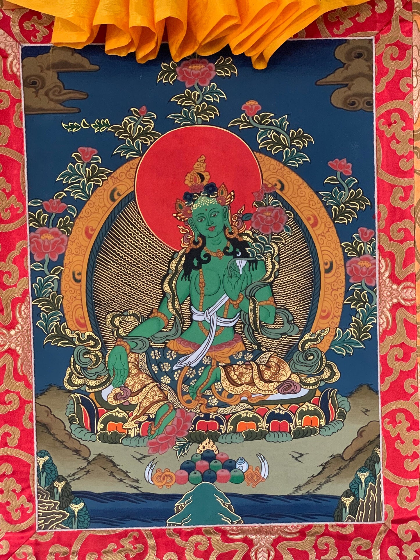 Hand-painted Green Tara, female Buddha, Wisdom, Thangka Painting, Bordered with Silk