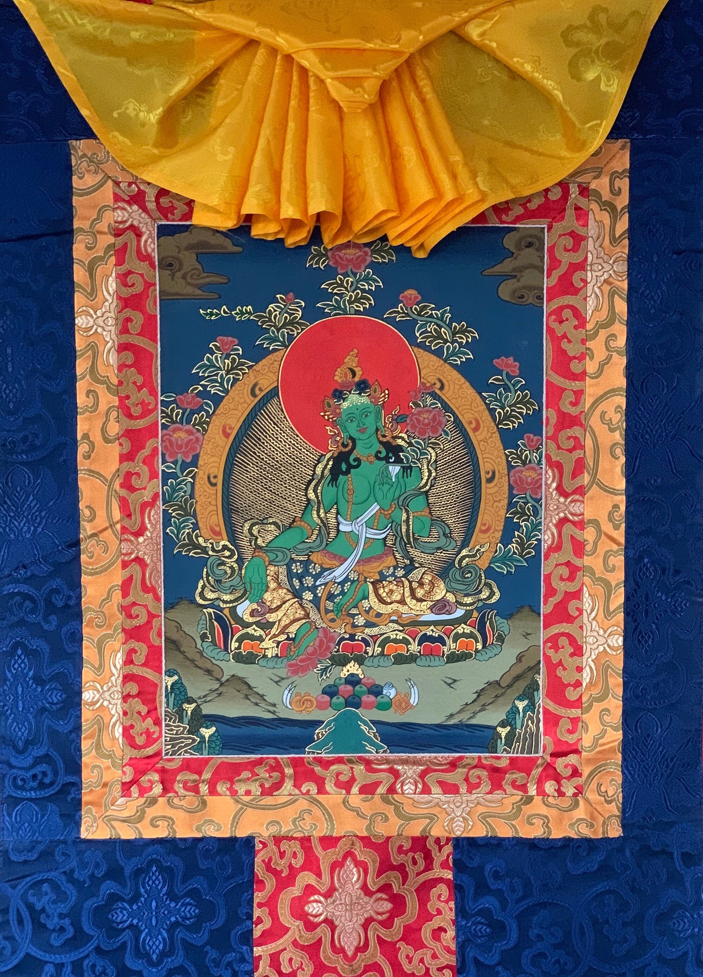 Hand-painted Green Tara, female Buddha, Wisdom, Thangka Painting, Bordered with Silk