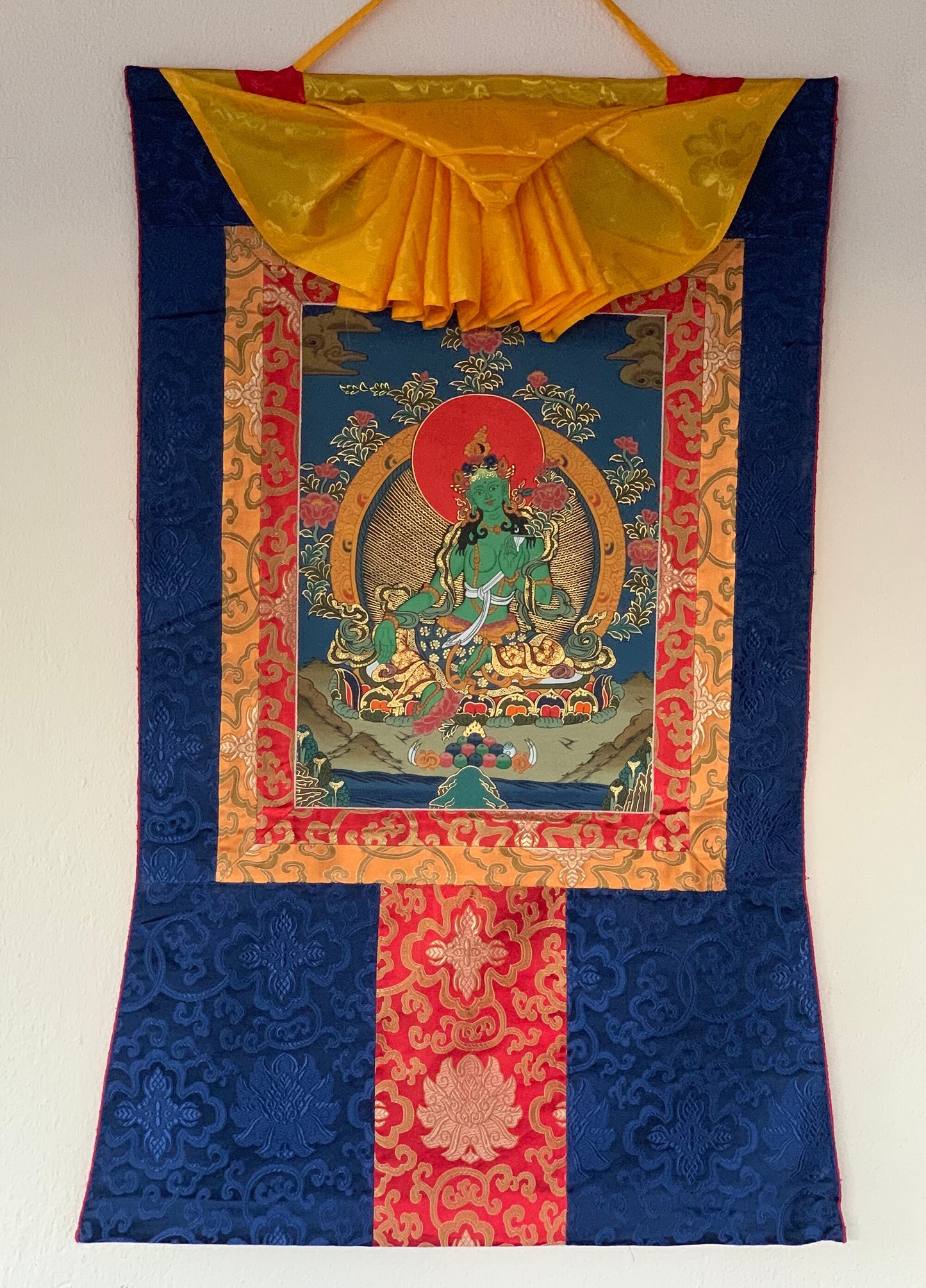 Hand-painted Green Tara, female Buddha, Wisdom, Thangka Painting, Bordered with Silk