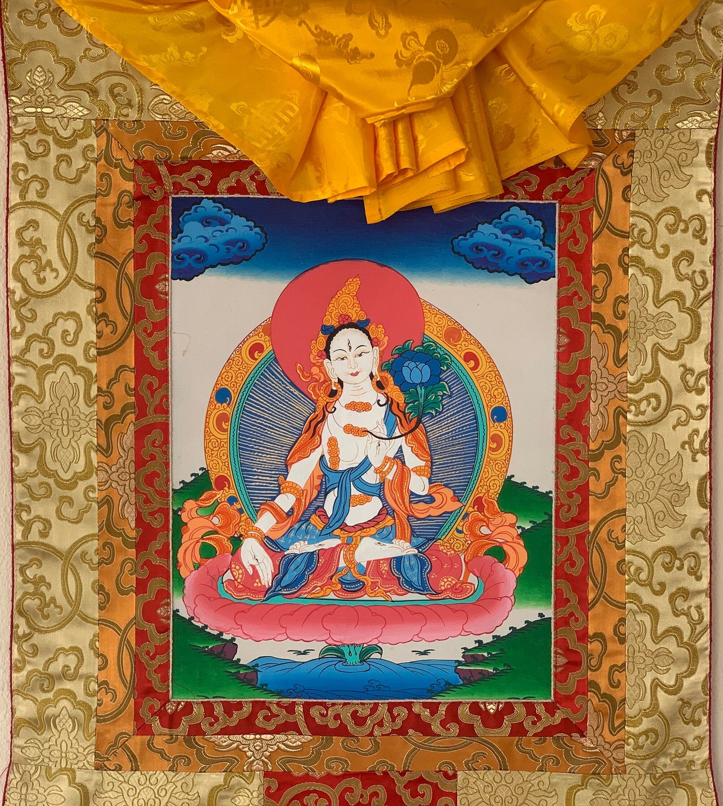 Hand-Painted White Tara, Mother Goddess, Thangka Painting with Silk Brocade