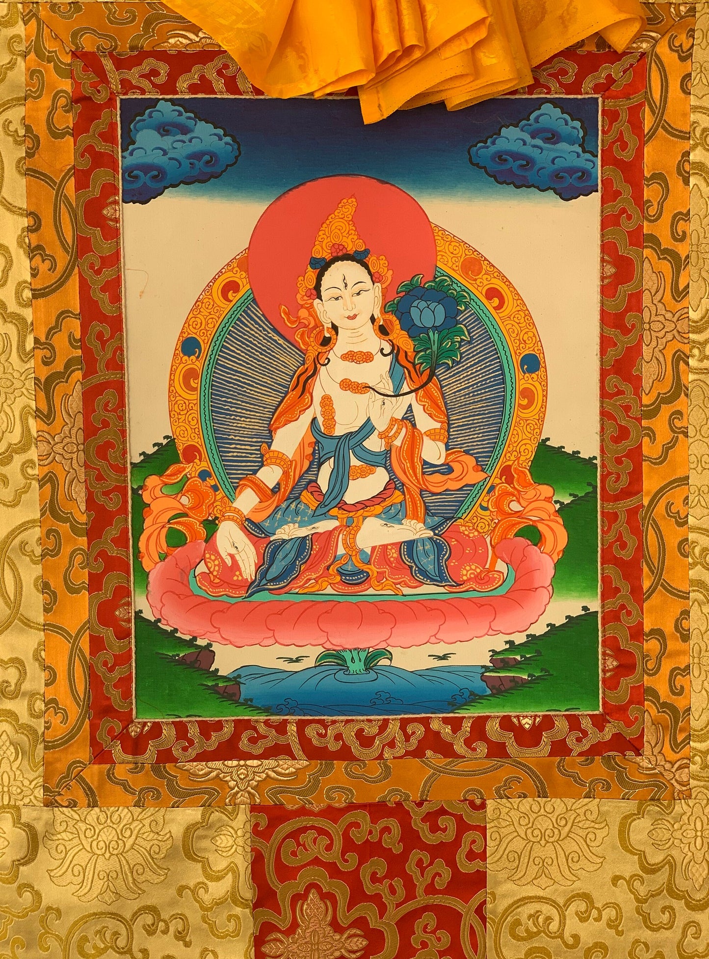 Hand-Painted White Tara, Mother Goddess, Thangka Painting with Silk Brocade