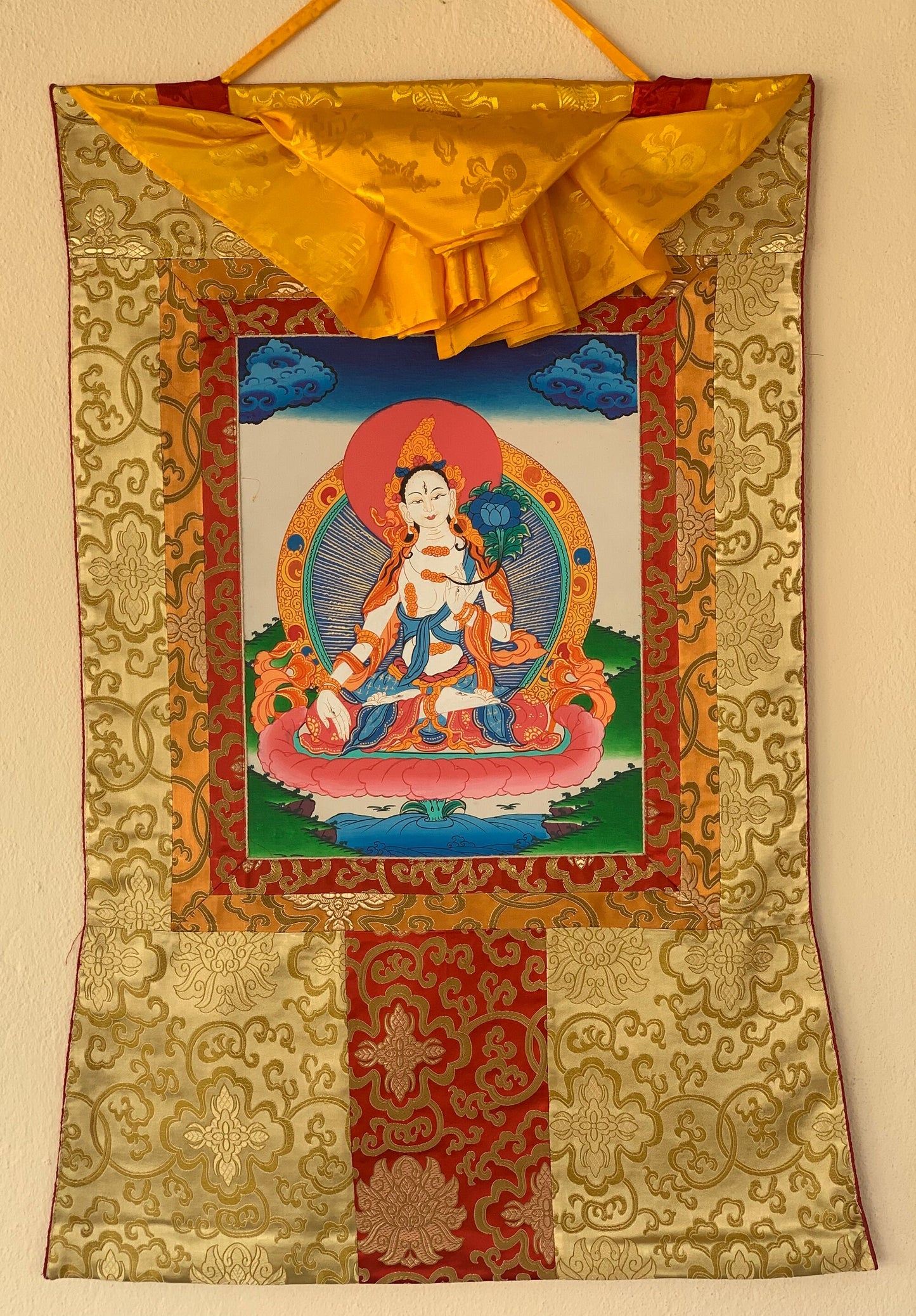 Hand-Painted White Tara, Mother Goddess, Thangka Painting with Silk Brocade