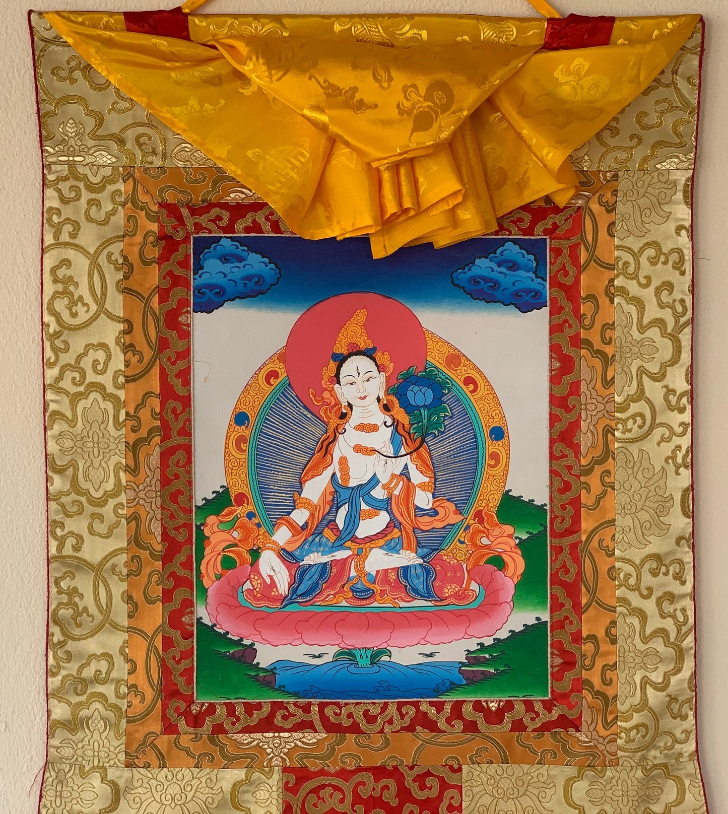 Hand-Painted White Tara, Mother Goddess, Thangka Painting with Silk Brocade