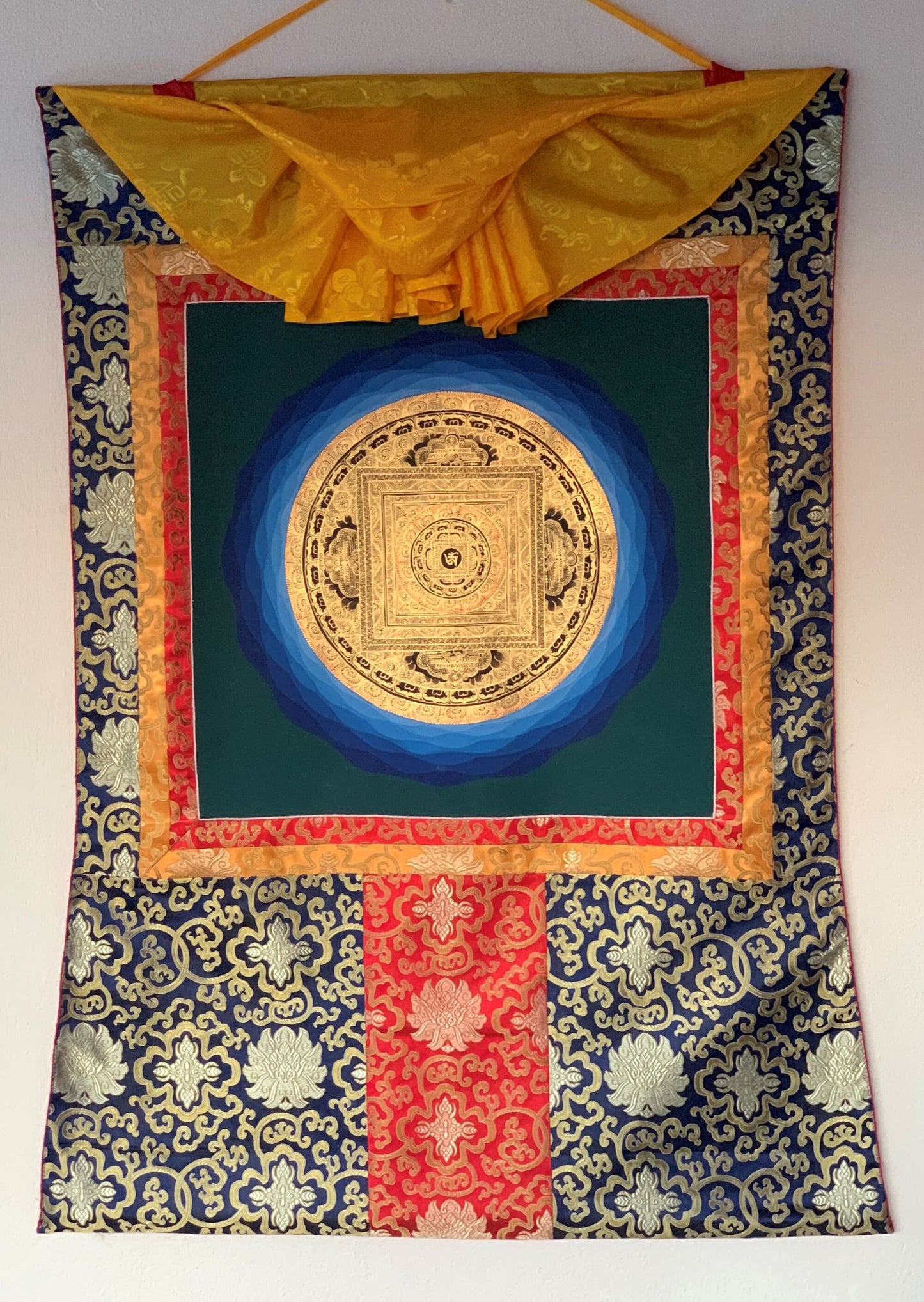 Hand-painted Sacred OM, Mantra Mandala, Thangka Painting, Bordered with Silk  29 x 43-Inch